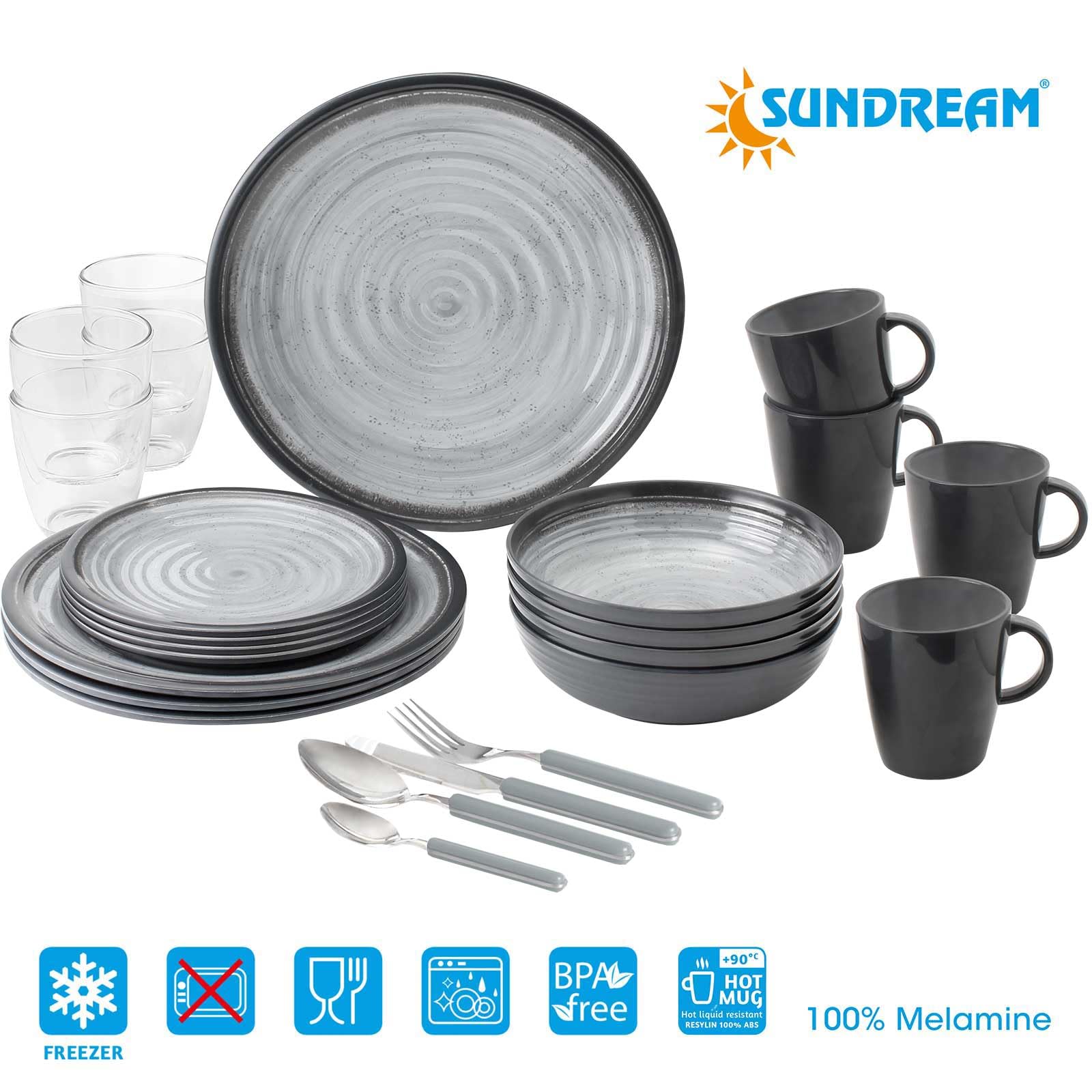 Camping-Geschirr Set Melamin 2-4 Personen | SUNDREAM Zodiac 12, 16 oder 36 teilig | Teller, Schüsseln oder Becher | Ultra-Leicht, Bruchfest, Kratzfest & BPA-Frei - Vintage Stil in Schwarz