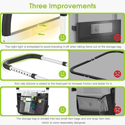 Miniatura 3 de Rieles de cama para adultos mayores, luz con sensor de movimiento, bolsa de almacenamiento multicompartimento, ajustable, riel de cama para