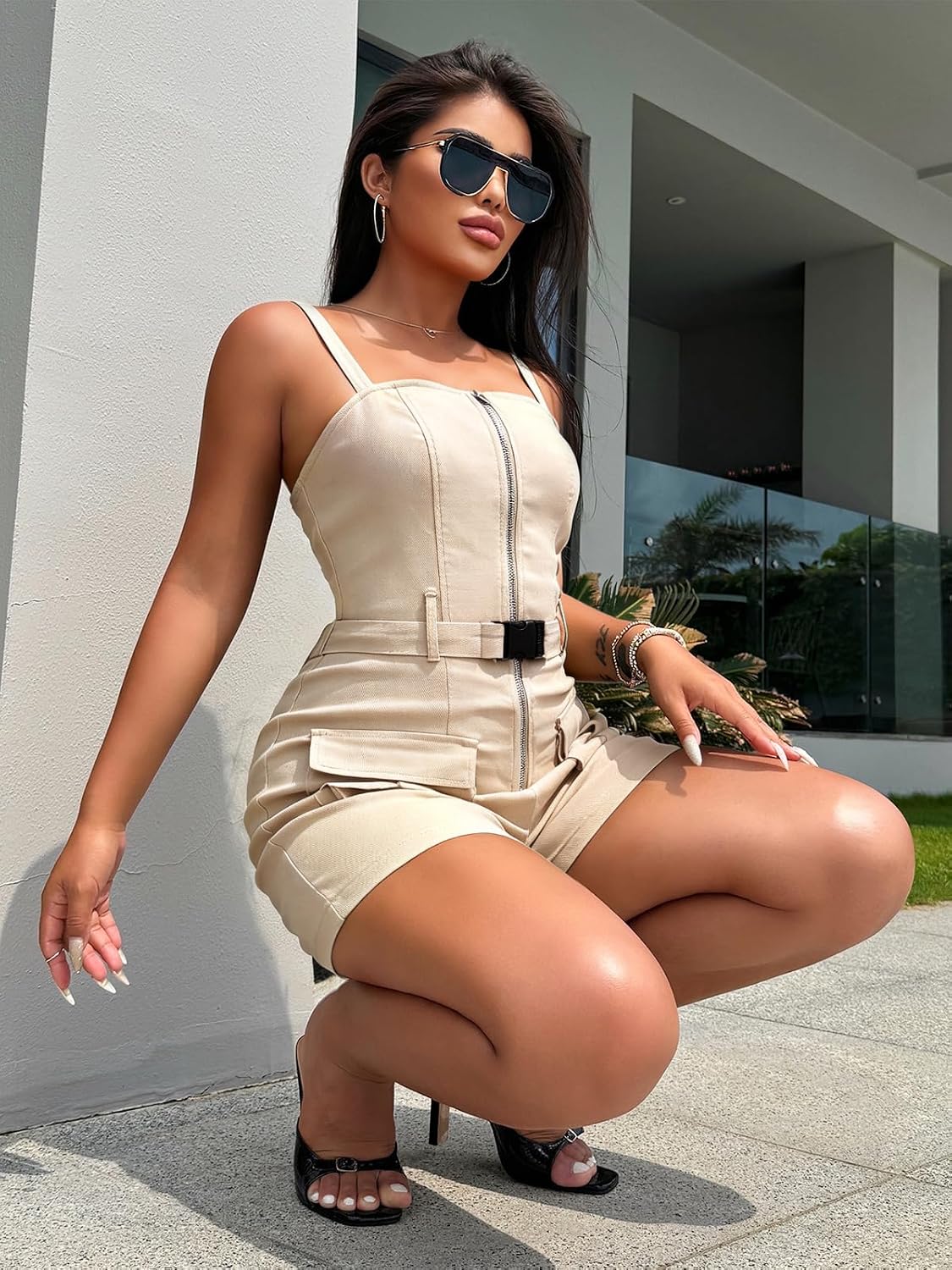 Rompers for Women One Piece Spaghetti Strap Zipper Up Jumpsuit Rompers with Pockets