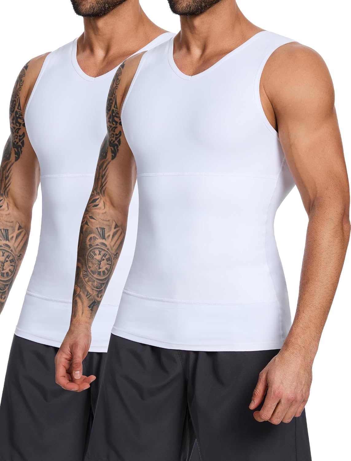 MISS MOLY 2 Pack Gynomastica Tummy Control Undershirt V Neck Compression Shirt for Men Slimming Vest Tank Tops Shapewear