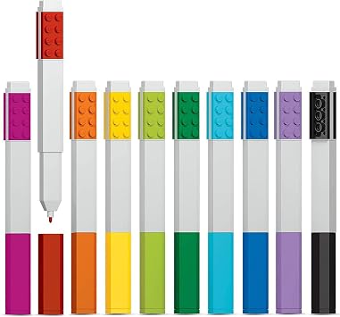 IQ LEGO İkonik Kırtasiye 10'lu Paket Kalem: LEGO Plakalı Yaratıcı Hızlı Kuruyan Jel Kalem - 10 Renk Seti, İnce Uç 0,7 - Ofis Yazma Aleti