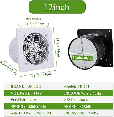 Miniatura 8 de JNTKE Extractor de cocina de 12 pulgadas, 1700 CFM, acero inoxidable, bajo ruido, montado en la pared, ventilador de ventilación para sótanos,