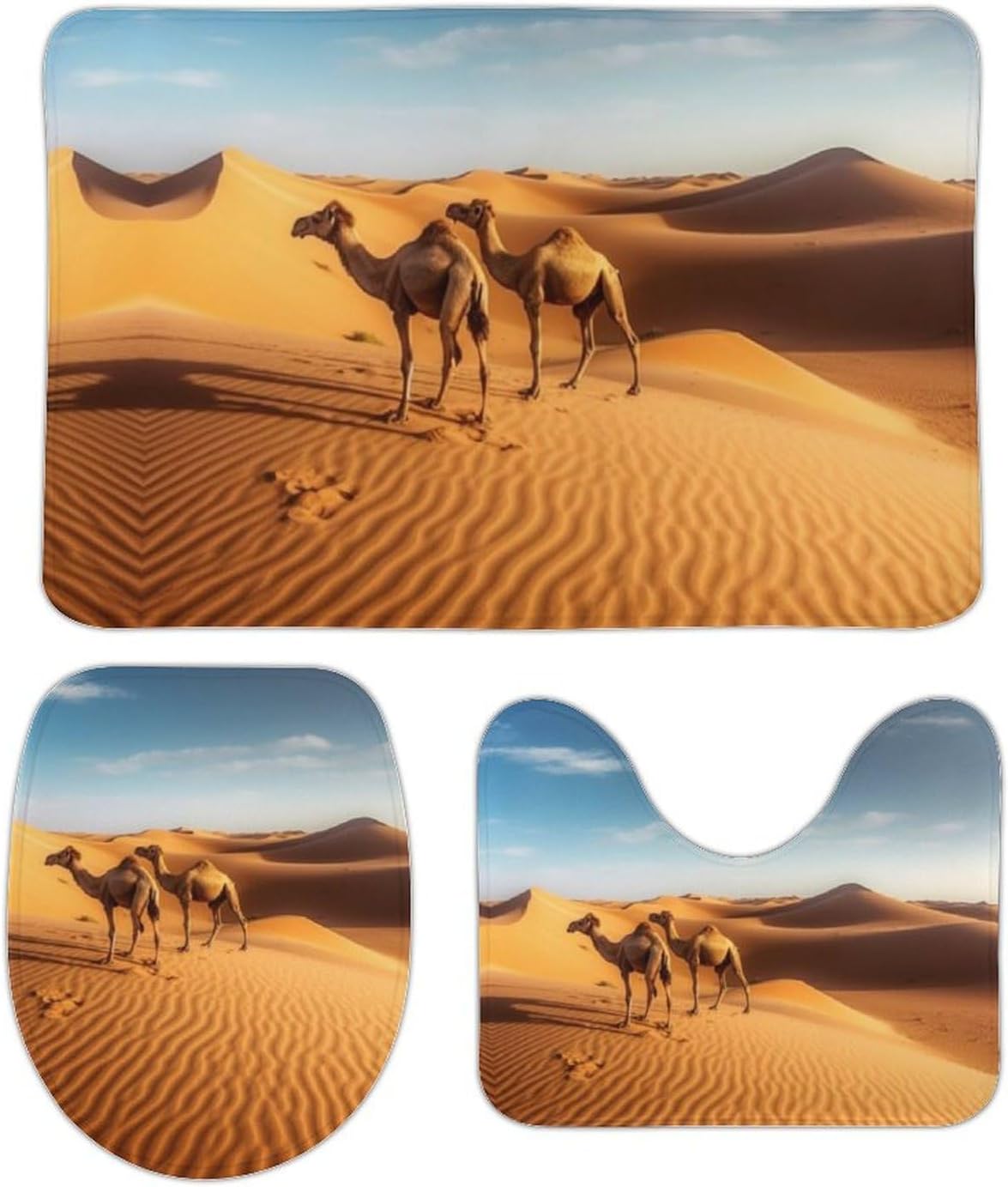 Anti-Skid Floor Mats 3 Piece Set,Sand Dunes in The Sahara Desert Printed Coral Fleece Bathroom Mats U-Shaped Contour Mat Toilet Seat Cover for Bathroom, Tub, Shower, Kitchen 19.7"x31.5"