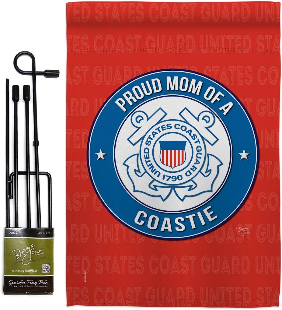 Proud Mom Coastie Garden Flag Set with Stand Armed Forces Coast Guard USCG Semper Paratus United State American Military Veteran Retire Official Small Gift Yard House Banner Double-Sided 13 X 18.5