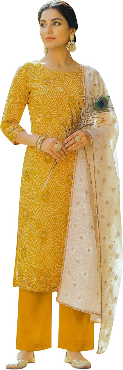 ladyline Womens Jam Cotton Printed Embroidered Salwar Kameez Suit |Elegant Kurta,Pants,Heavy Embroidery Dupatta Set Ethnic