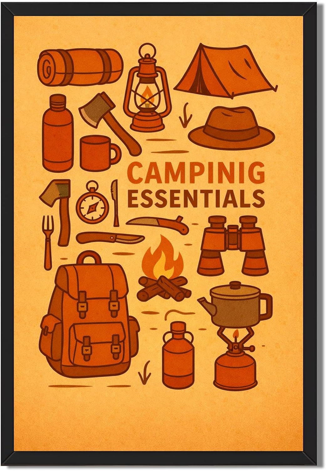 Quirky Retro Camping Gear Poster Canvas Print Art Funky Art Print Wall Decoration For Dorm Room Apartment Office (12X18inch,Framed)