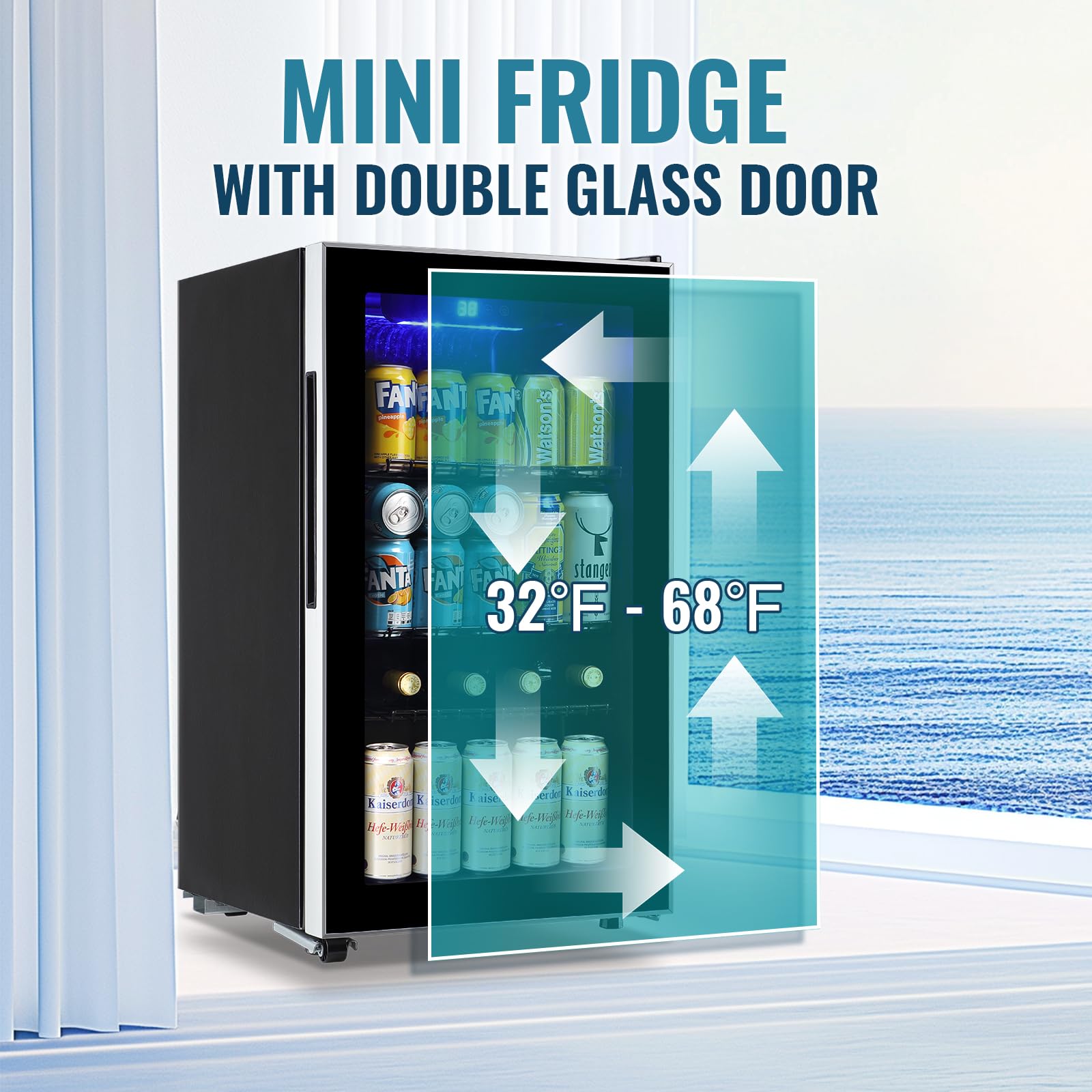 WANAI Beverage Refrigerator And Cooler With Glass Door - 125 Cans Capacity, 3.5 Cu.Ft Small Beer Fridge For Drinks, Soda, Wine- Mini Cooler With Touch LED Display Control And Blue Light on Fridge.com - View 5