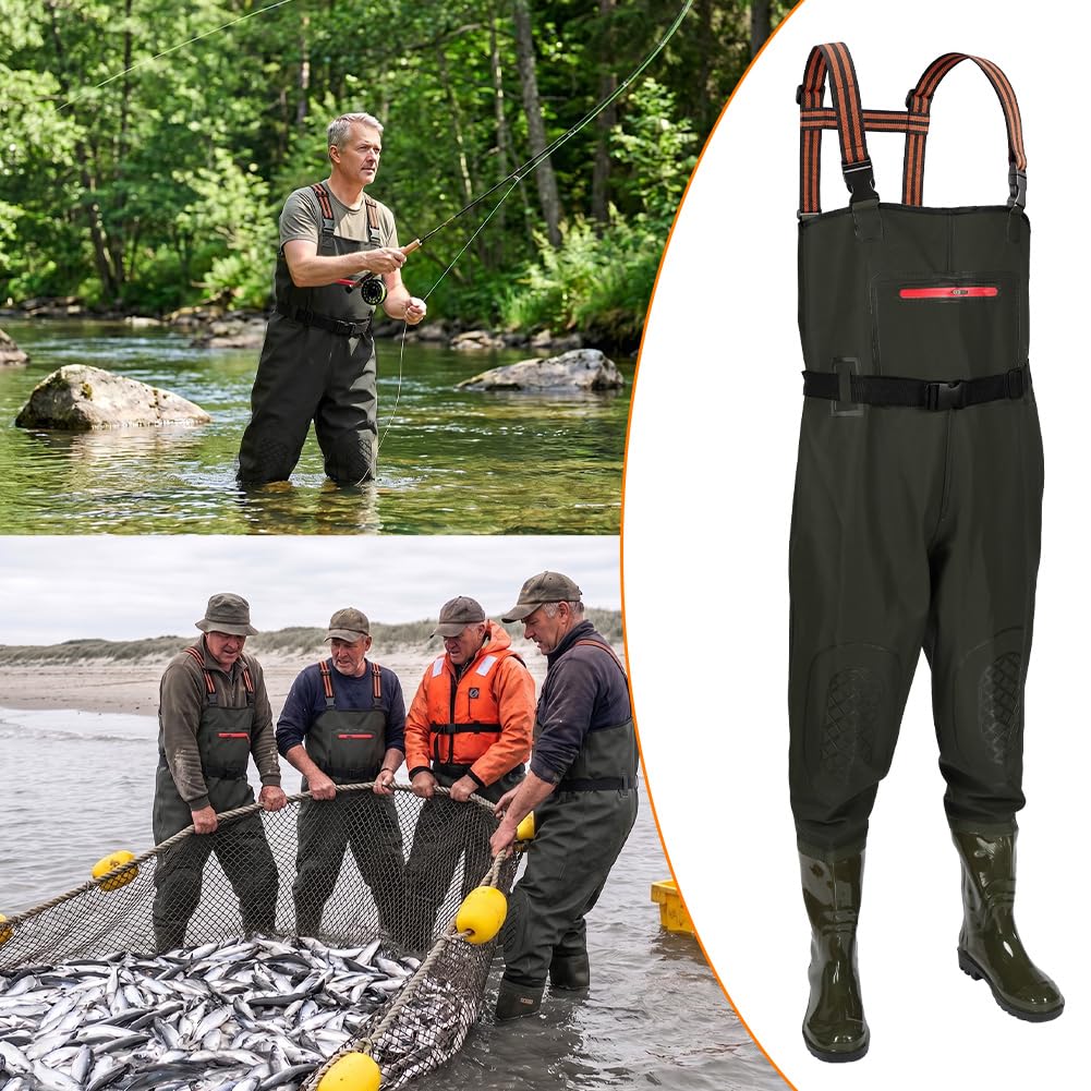 AUYAO Wodery na klatkę piersiową z butami unisex wodery wędkarskie wodoodporne bojownica do uda z regulowanymi szelkami spodnie na klatkę piersiową kombinezony z butami zestaw lekkie spodnie garnitur