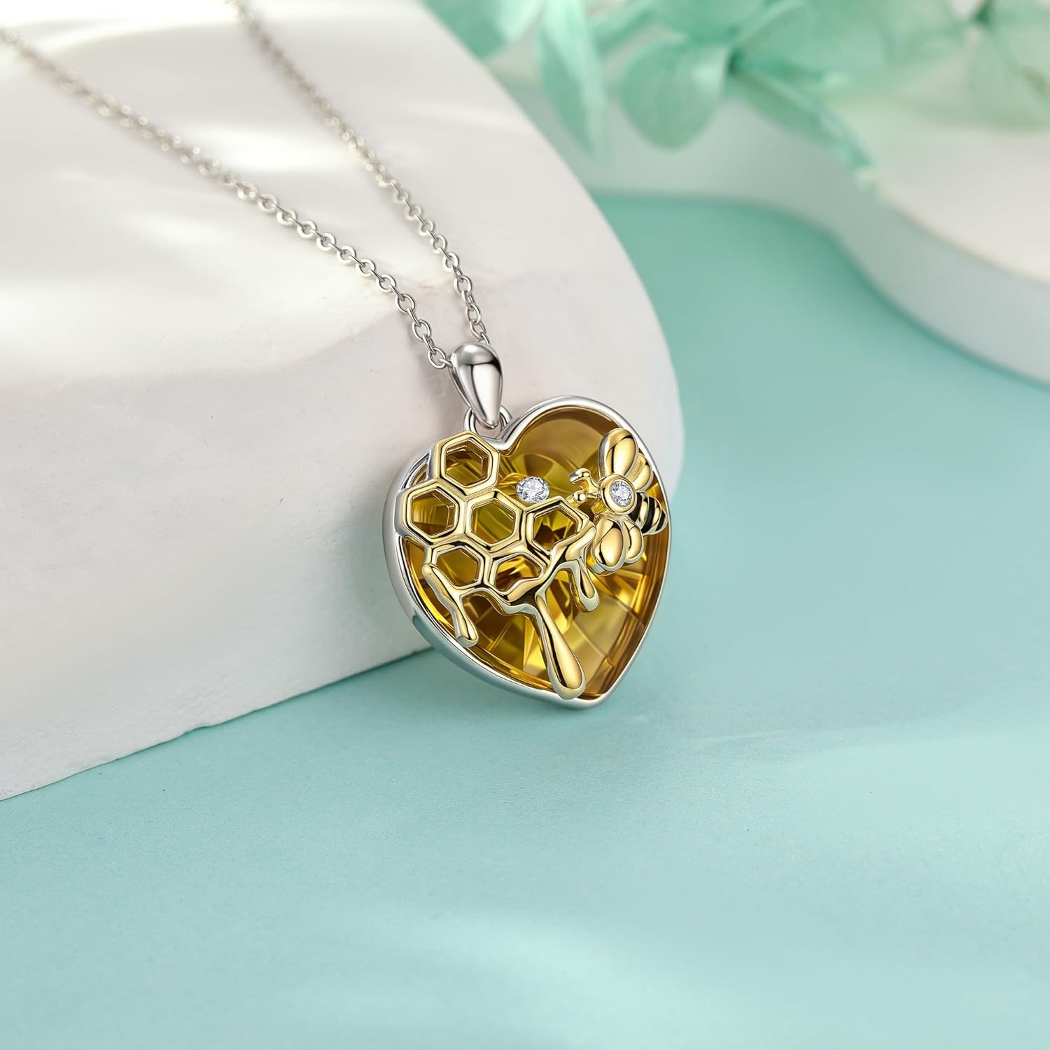 SNOWELLE Bee Necklace 925 Sterling Silver Heart Honey Bee Pendant Honeycomb Necklace Cute Animal Jewelry Gifts for Women - Image 3