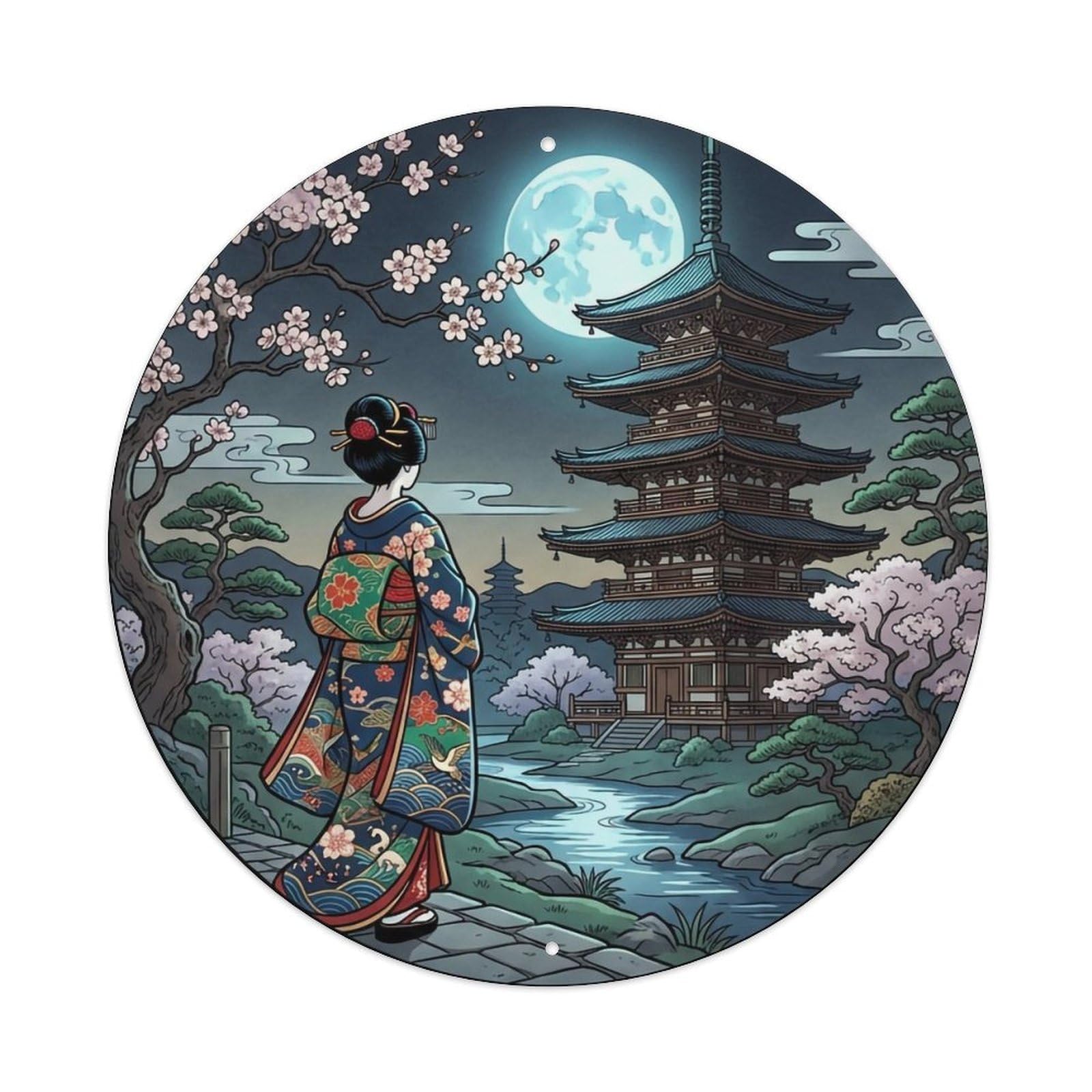 Yrnq 8X8inch Vintage Style Japanese Pagoda Moonlight Geisha Watching Metal Tin Sign