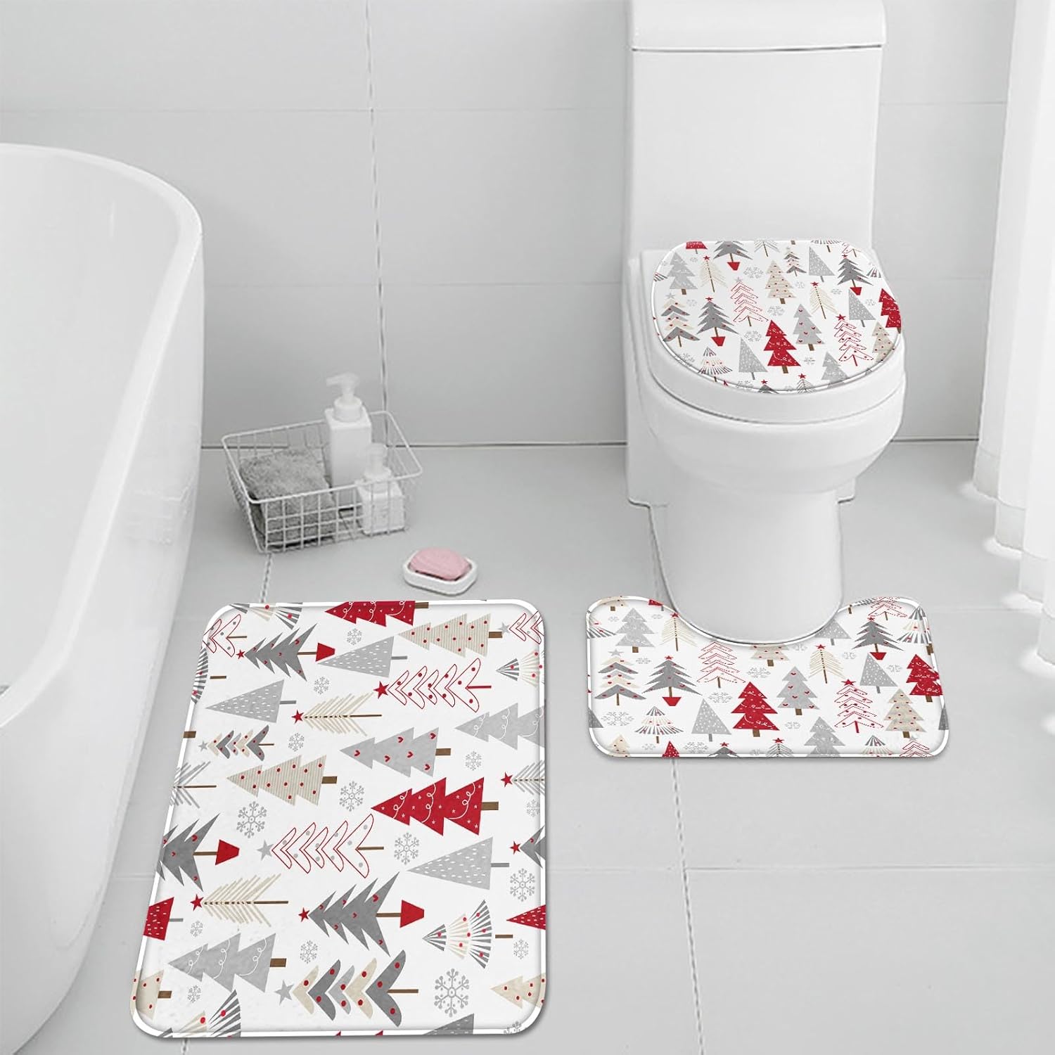 ArtSocket Christmas Bathroom Rugs and Mats Sets 3 Piece, Christmas Trees Red Doodle