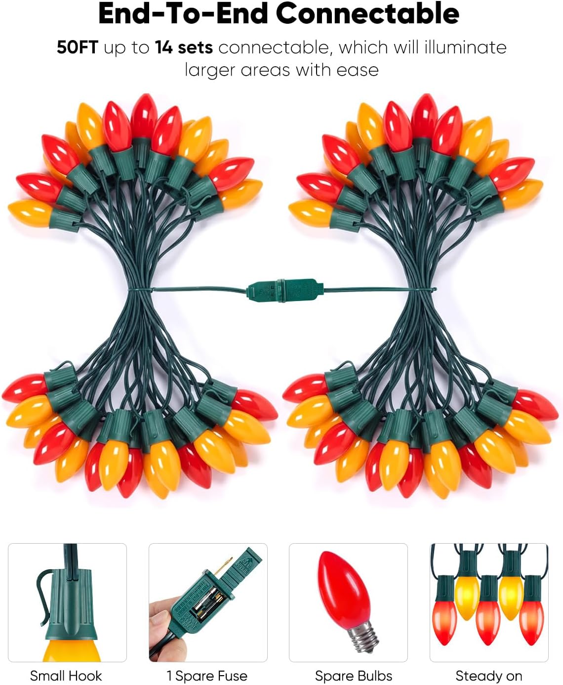 Vintage C9 LED Christmas Lights Outdoor, 50 Feet C9 String Lights with 50 Shatterproof Matte Bulbs, Connectable Waterproof Lights for Holiday Party Roofline Backyard Garden Patio, Red & Warm White