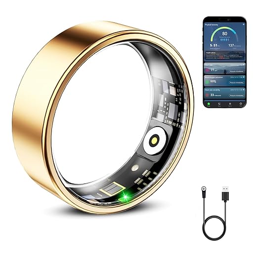 Mirlray Smart Ring for Women & Men, Smart Ring Health Tracker, Blood Oxygen & Heart Rate Monitor, Long Lasting Battery Sleep Ring, Waterproof Fitness Ring (Gold, 6)