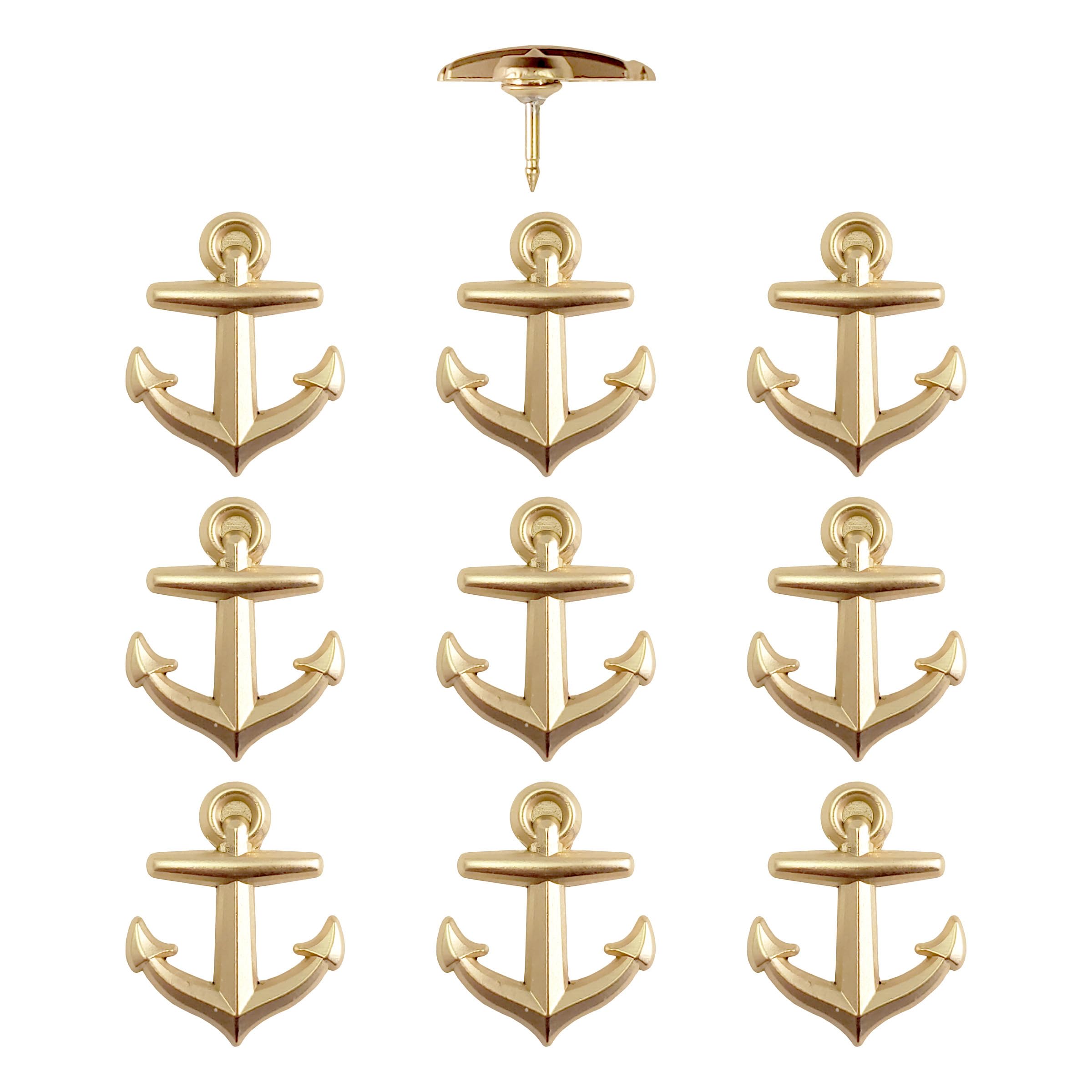 Anchor Push Pins - Gold Metal Anchor Pins - for Cork Board, Maps, or Lapel Pin Use - Designed in USA - Set of 10