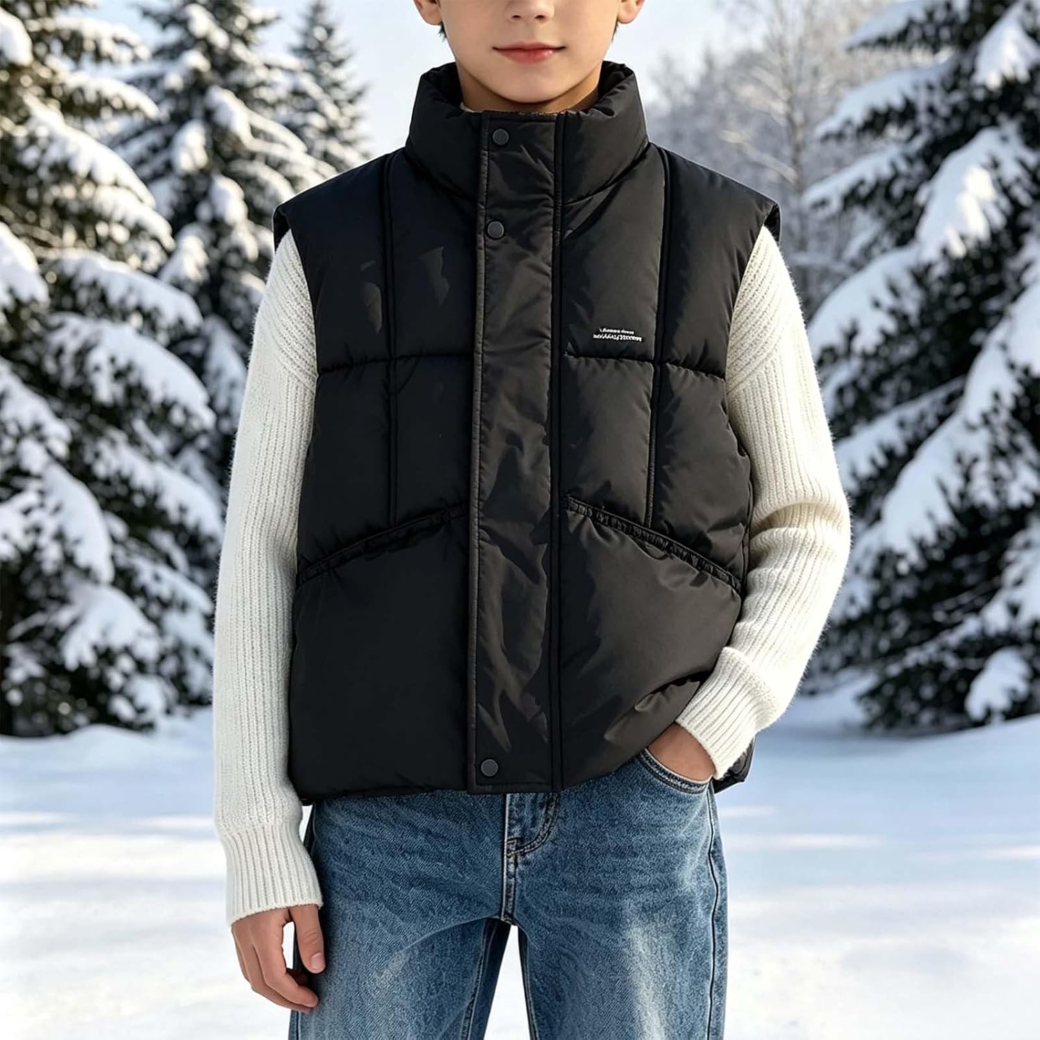 Girls Quilted Vest Round Neck Snap Button Lightweight Jacket
