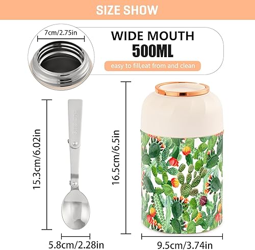 Miniatura 3 de MCHIVER Cactus Food Jar with Spoon Stainless Steel Vacuum Insulated Food Container 17 oz Thermos for Adults