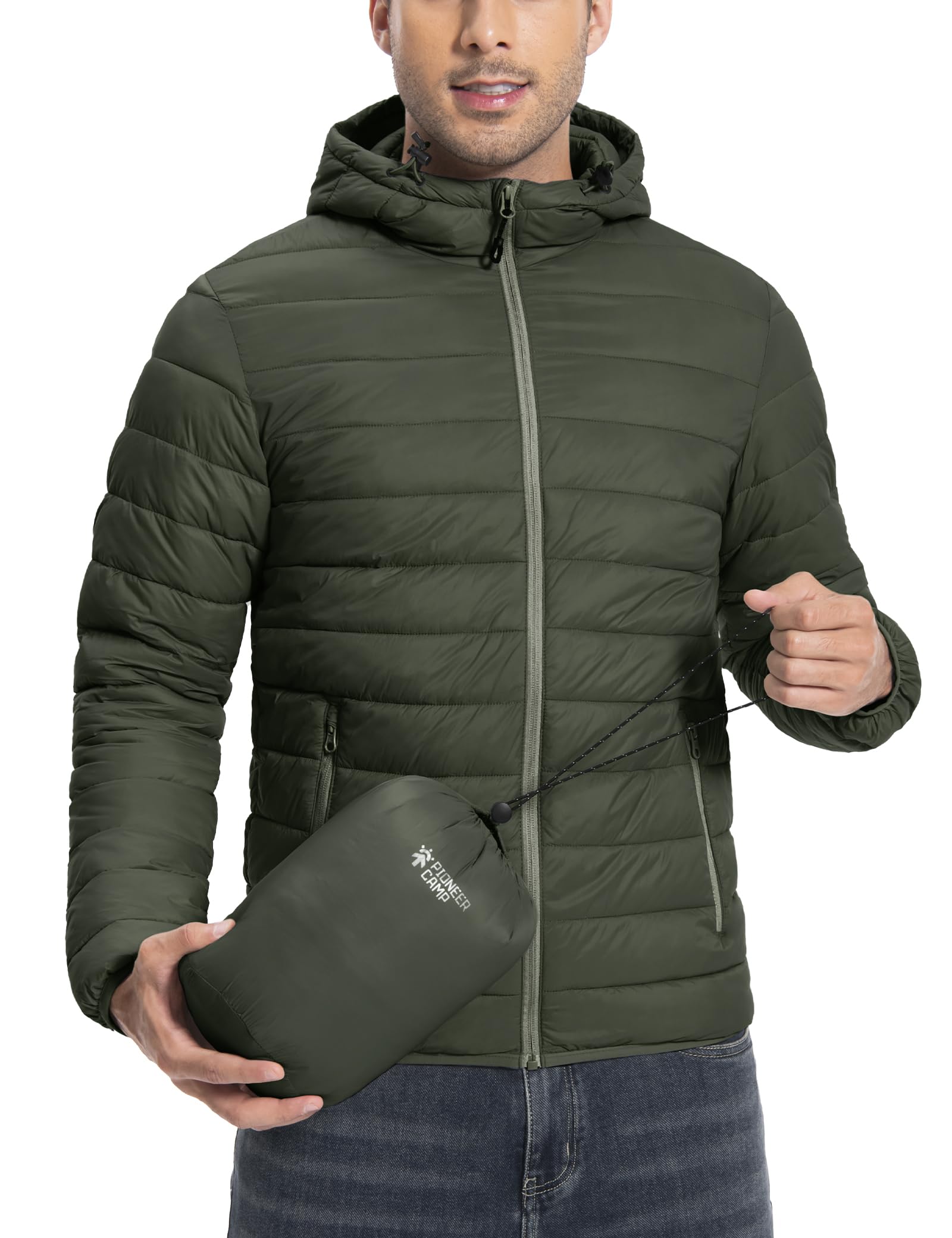 Veste matelassée légère pour homme - Veste d'hiver mi-saison - Veste d'extérieur avec capuche et 6 poches, vert, XXL