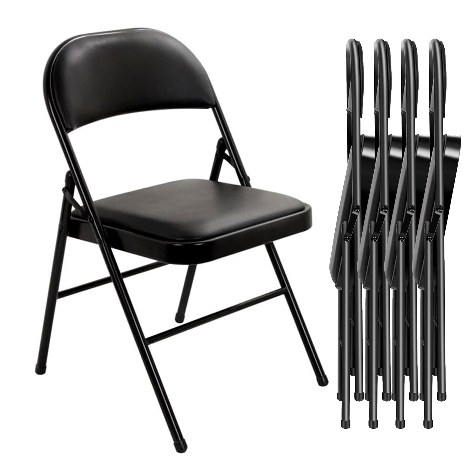 JupiterJX Folding Chairs Padded, Set Of 4, Metal Frame Faux Leather Non Slip Foot Office Folding Chair, Portable Compact Fold Out Chair For Home Office Dining Events Reception (Black, 4 Pieces)
