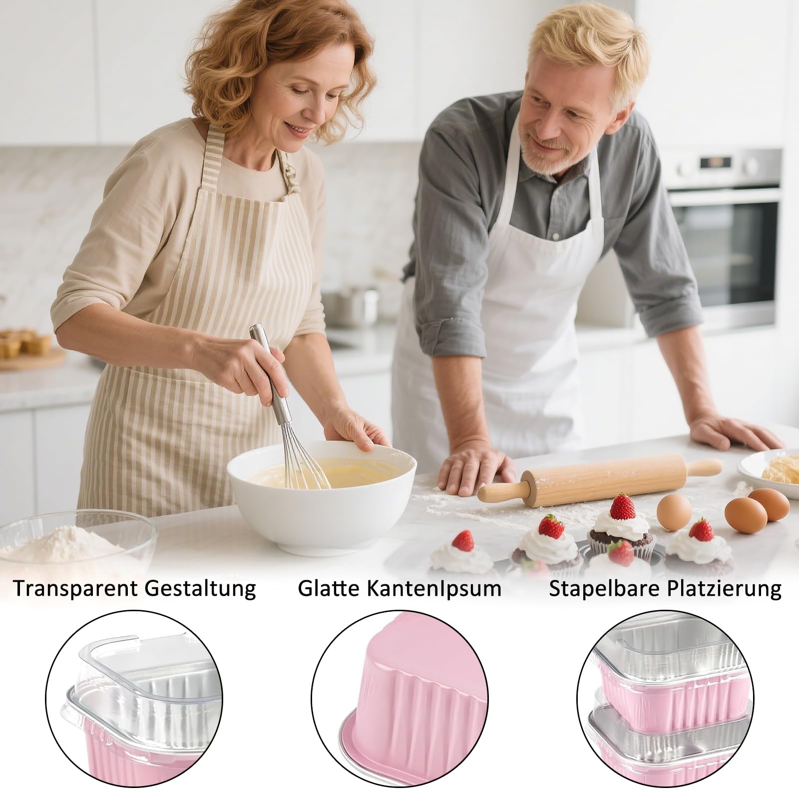 Mini Taza Papel Aluminio Con Tapa, 50 Piezas 150ML Moldes para Cupcakes de Papel de Aluminio, Mini Moldes Para Pan, Con 50 Cucharas, para Postres, Pasteles, Panes(Rosa)