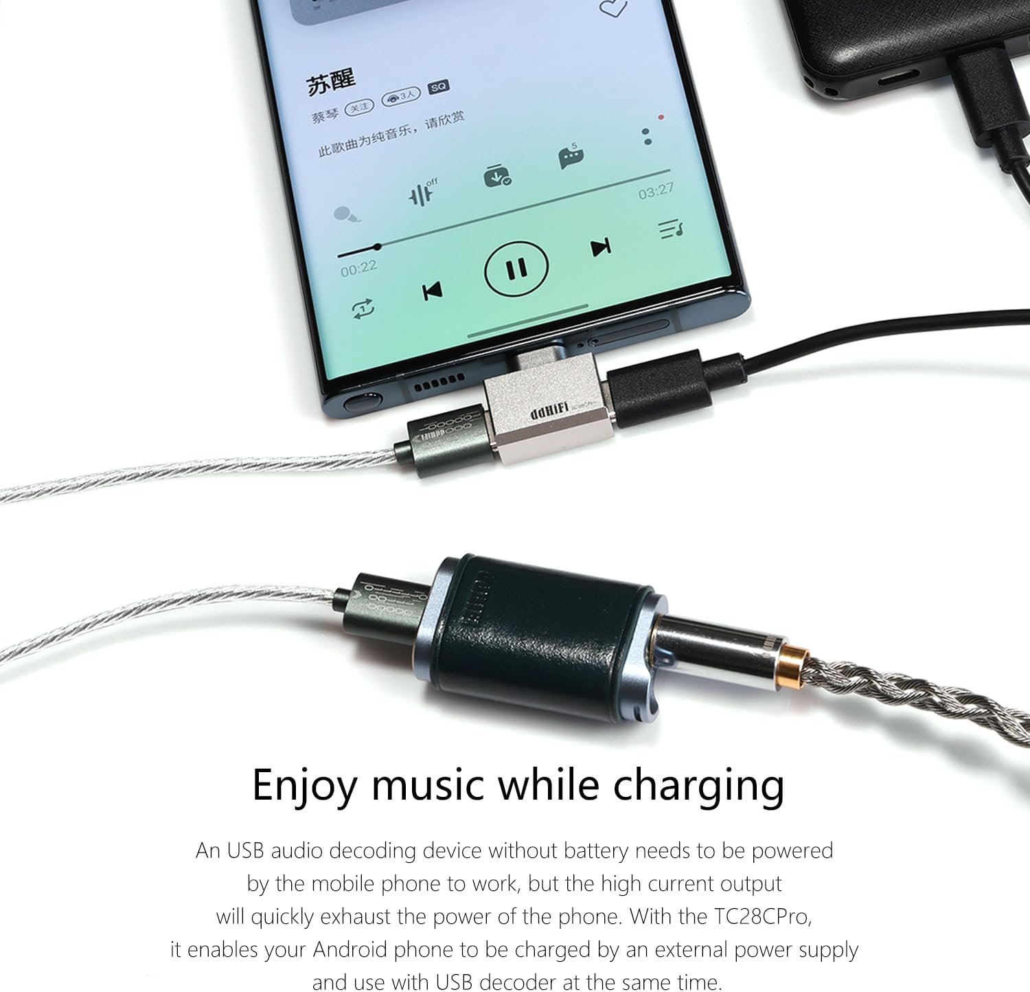 Linsoul DDHIFI TC28C Pro adapter connected to a smartphone, an external DAC, and a charging cable, illustrating simultaneous audio and charging.