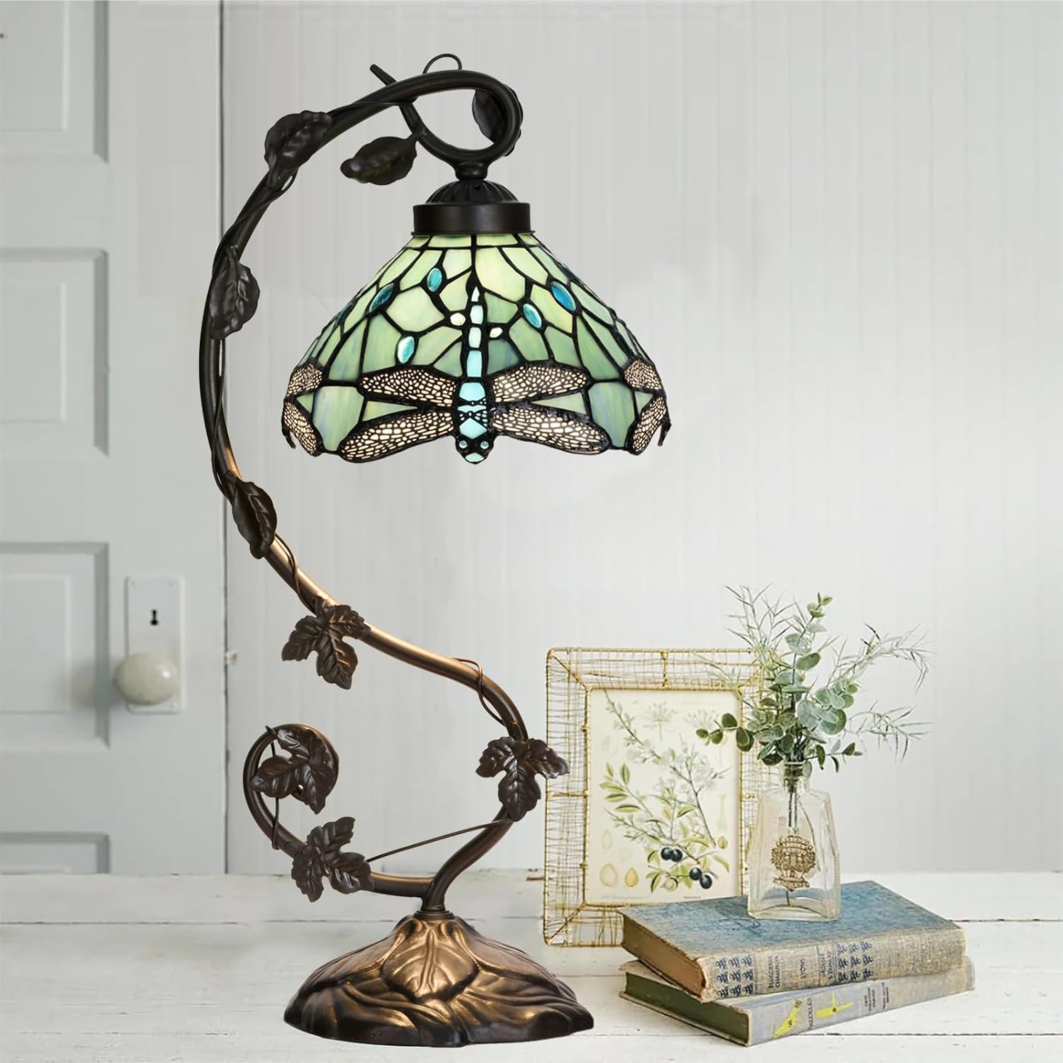 TL0024 Tiffany Style Lamp Sea Blue Dragonfly Stained Glass Lampshade & Vine Design Table Lamp Base for Bedroom Living Room, W 10 X H 20.5 Inches Overall, LED Bulb Included (Dragonfly)