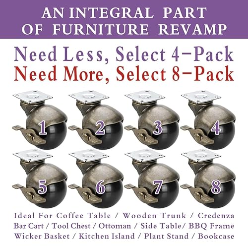 Miniatura 3 de JGJC Ruedas giratorias de latón antiguo de 2 pulgadas con freno juego a granel de 8 unidades  Ruedas de bolas sólidas resistentes  Ruedas giratorias