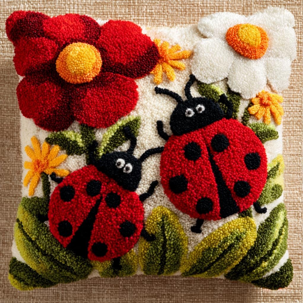 AxiangziK Latch Hook Pillow Kits 17x17in,Ladybugs and Flowers