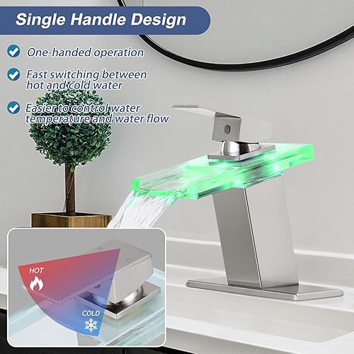 Miniatura 4 de Qomolangma Grifo de baño de cascada LED, níquel moderno de una sola manija para fregadero de 13 agujero, grifo mezclador de tocador con cubierta,