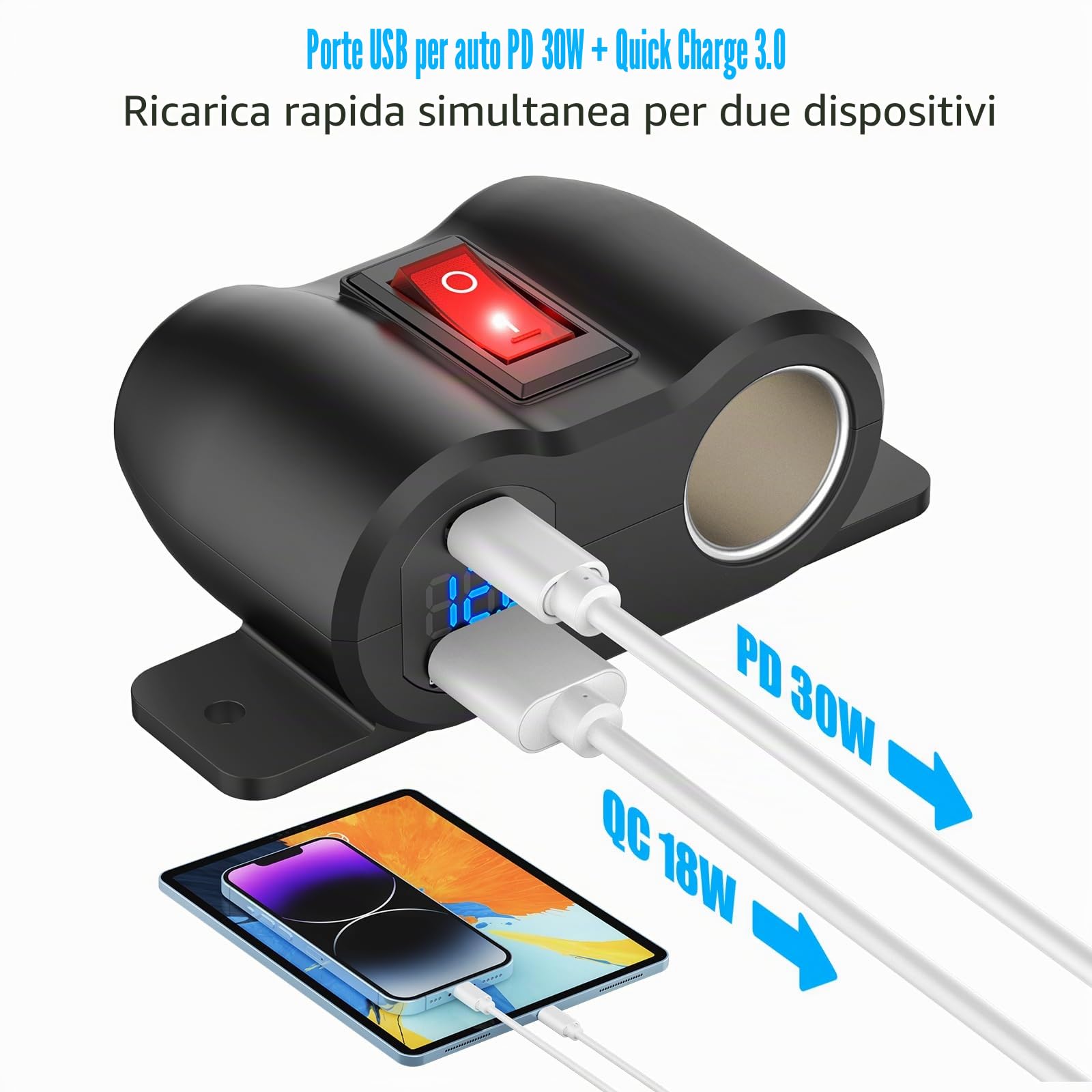 Pannello di Linea 2 in 1 Preassemblaggio Presa USB 12V Presa Accendisigari, PD 30W e Caricatore di Porte USB per Auto QC3.0 con Voltmetro a LED, Adattatore Presa 120W con Interruttore per Auto Barca