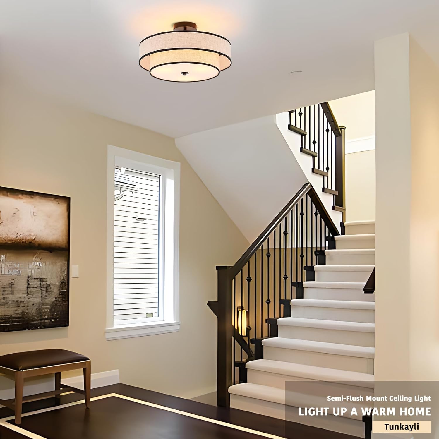 3-Light Drum Semi Flush Mount Ceiling Light, 18" Modern Black Ceiling Lighting Fixture, Vintage 2-Tier Linen Ceiling Lighting for Living Room, Bedroom, Kitchen, Dining Room, Hallway, Entryway
