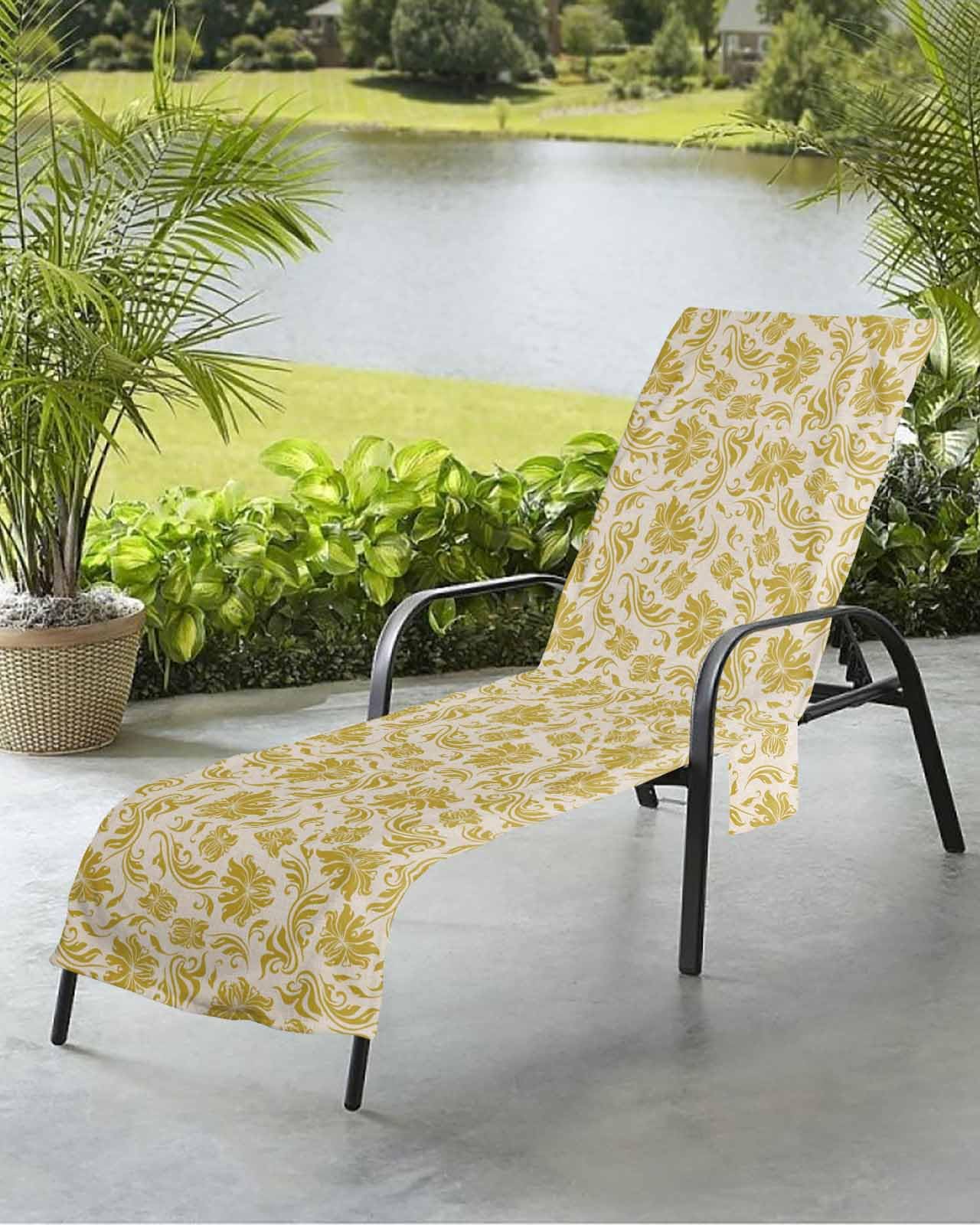Beach Pool Patio Lounge Chaise Chair Cover Towel with Pockets,Yellow Floral Leaf Absorbent & Quick Dry Microfiber Towel Cover Bag Summer Travel Accessories Spring Botanical Minimalist Aesthetic