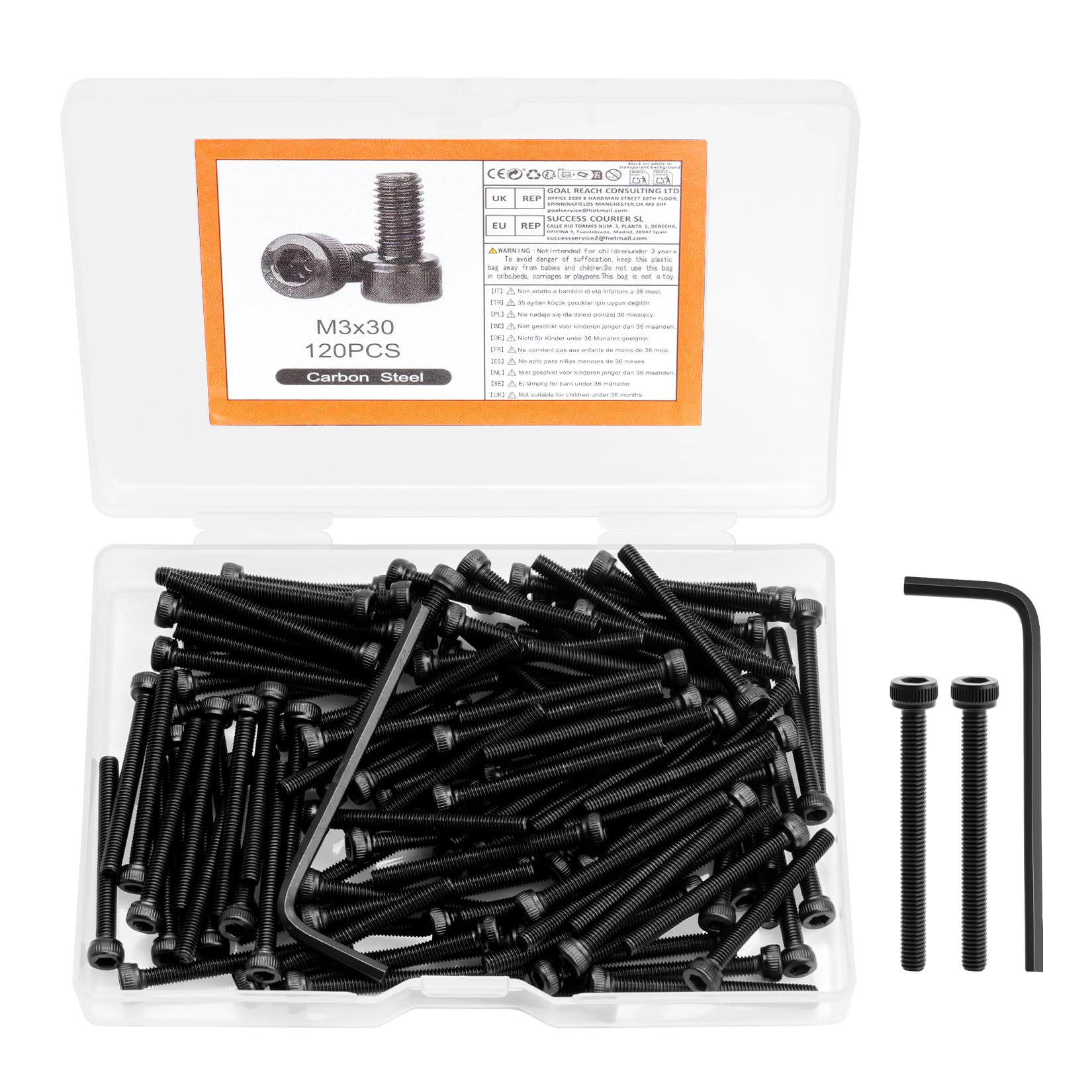 120 sztuk zestawu śrub M3, zestaw śrub M3 x 30 mm z łbem sześciokątnym wewnętrznym, śruby cylindryczne, śruby z pełnym gwintem z łbem sześciokątnym wewnętrznym, w kolorze czarnym, z kluczami
