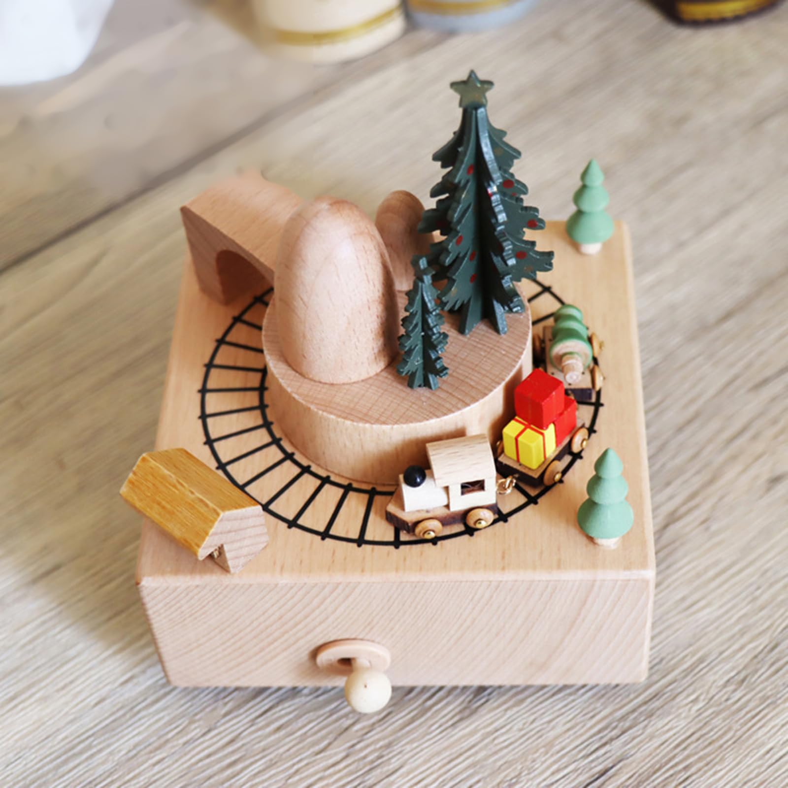 Hand Wood Music Box con treno rotante, regalo di compleanno, ornamento a forma di cartone animato, decorazione per la casa, tablet