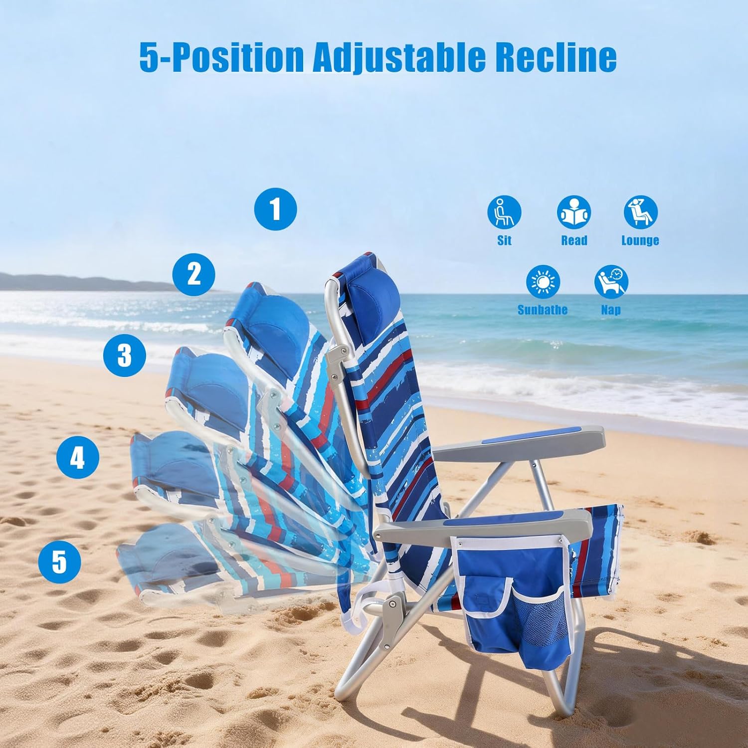 SUNNYFEEL Low Beach Chair 5 Position Lay Flat, Portable Folding Backpack Beach Chairs Heavy Duty with Cooler Bag, Cup Holder for Outdoor/Lawn/Picnic/Fishing, Foldable Camping Chair (New BlueStripe)