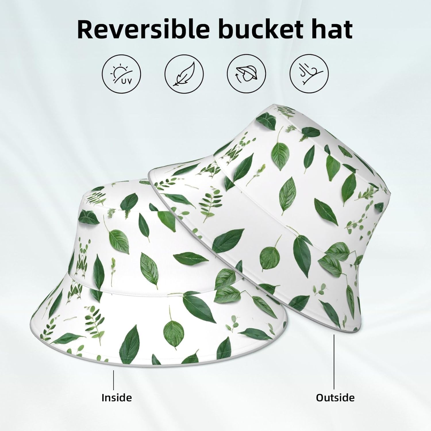 (Eucalyptus Leaves) Reflective Reversible Bucket Hat Foldable Breathable Stylish Two-Way Wear for Outdoor Travel Daily Activities Black