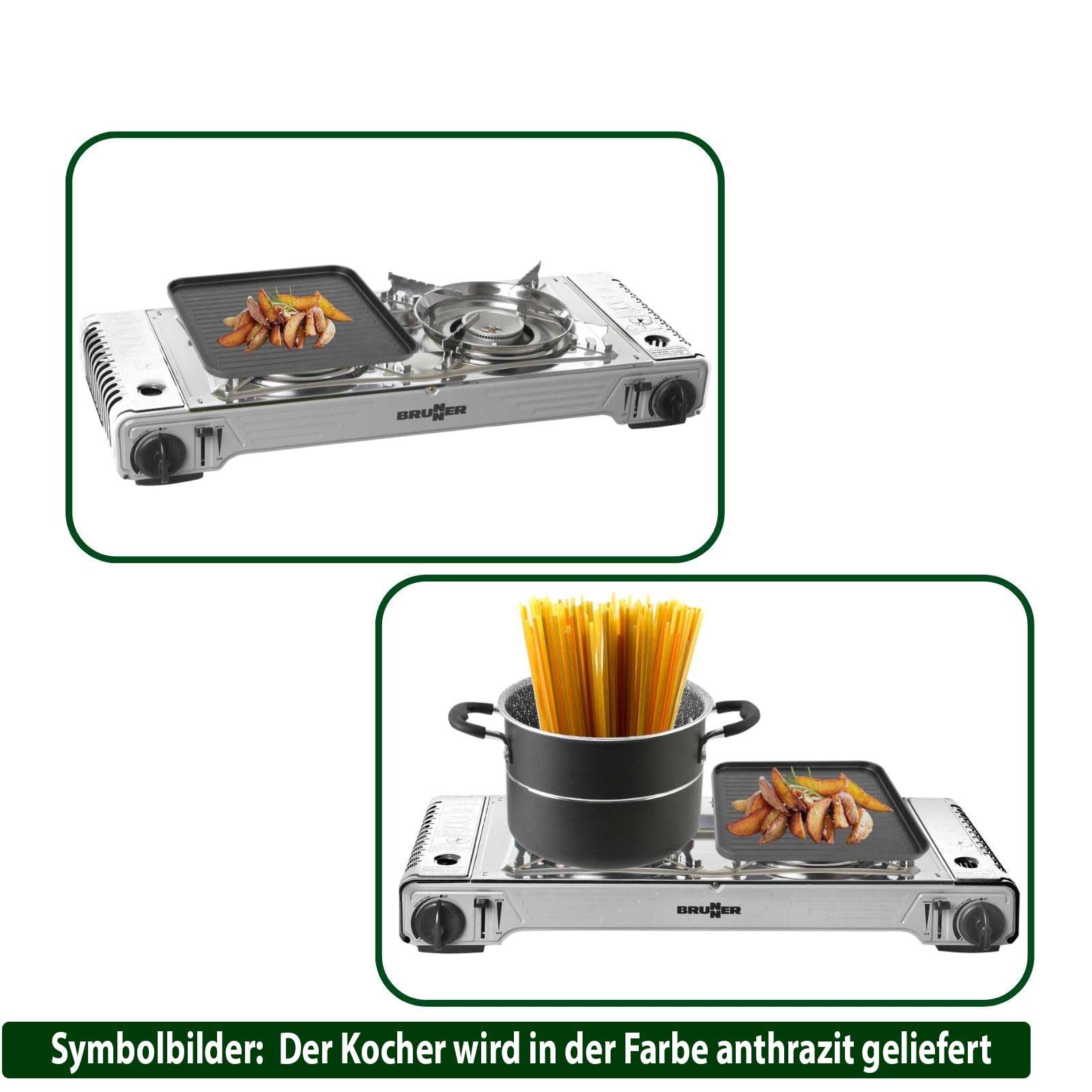 BRUNNER Gaskocher Zweiflammig DEVIL DOUBLE SD Zündsicherung Gas-Kartuschen | Camping-Kocher Zweiflammig Edelstahl DEVIL DOUBLE SD Zündsicherung für Ventil-Kartuschen Piezozündung + 1x Grillplatte