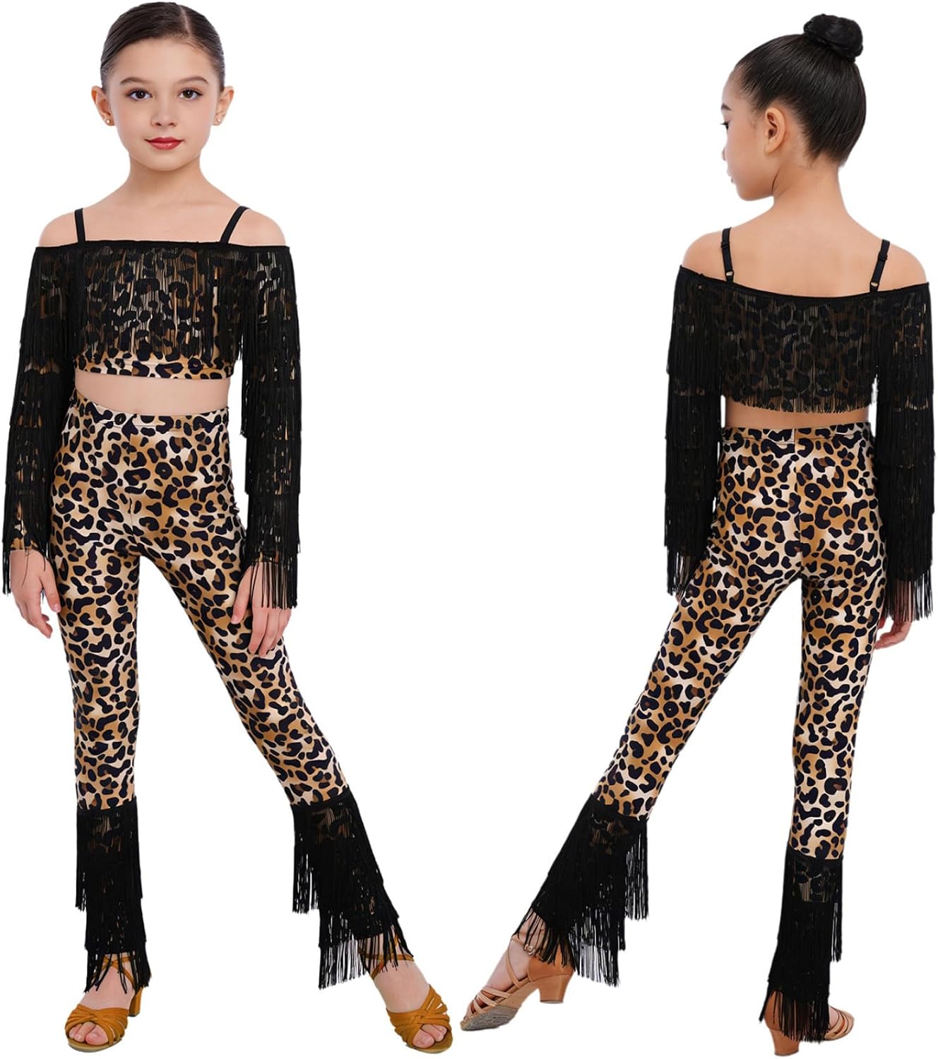 JEYPINMI Kids Girls 2 Pcs Latin Dance Outfits Tassel Crop Top with Pants Ballroom Dancing Clothes Modern Salsa Dancewear Leopard 12 Years