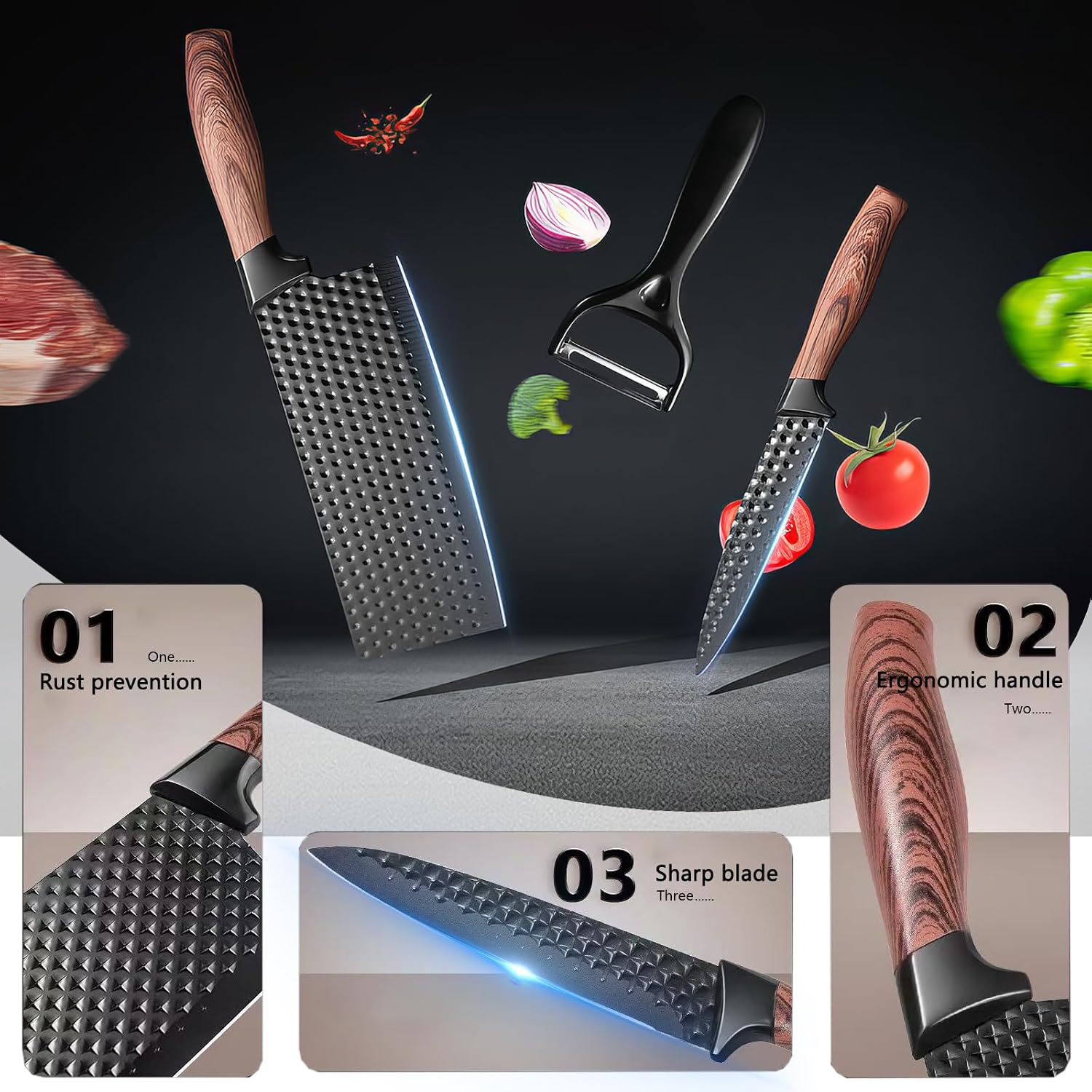 Knife Set, 10 Pieces Professional Kitchen Knife Set with Universal Knife Block, Non-stick Heat Resistan Kitchen Tools and Gadgets with Wooden Handle (Black)