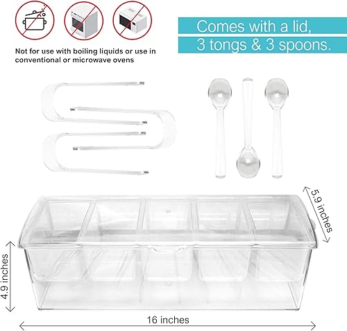 Miniatura 7 de 7Penn Bandeja de condimentos con cámara de hielo, 5 recipientes de condimentos, tapa, 3 pinzas, 3 cucharas, organizador de condimentos refrigerado