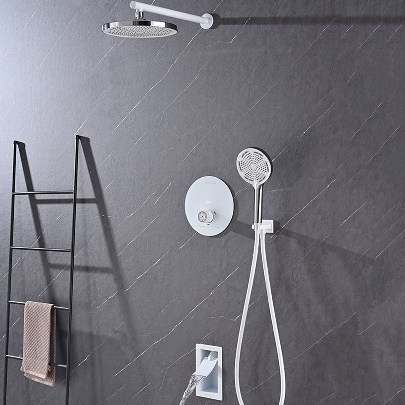 OZBMA Shower Mixer, 3 Way Concealed Thermostatic Mixer Set Rain Shower, with Head and Hose Holder (White)