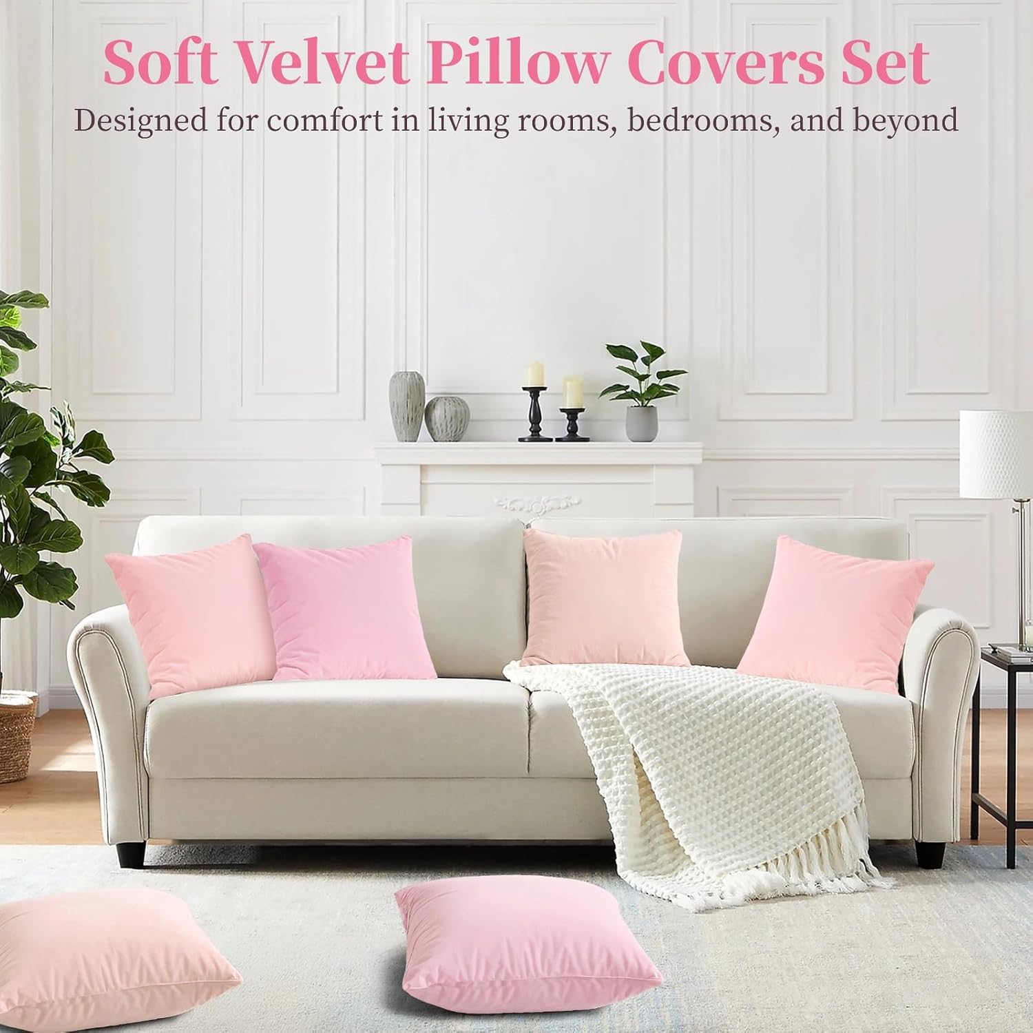 6 Pcs Velvet Throw Pillow Covers, 18 x 18 in Pink Pillow Covers Set, Soft Decorative Cushion Cases, Sofa Couch Pillowcase for Living Room, Bedroom, Patio, Garden, Bench, Porch, No Inserts