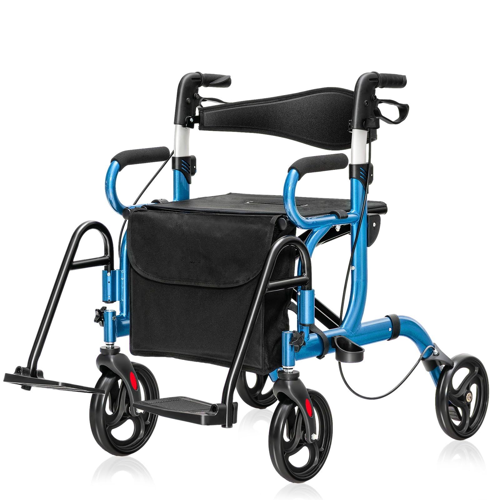 GOPLUS Andador 2 en 1 con Asiento, Ayuda para Caminar Plegable con Altura Ajustable, Respaldo Reversible, Bolsa de Almacenamiento, Silla de Transporte de Aluminio Ligero con Ruedas de 20,3 cm (Azul)