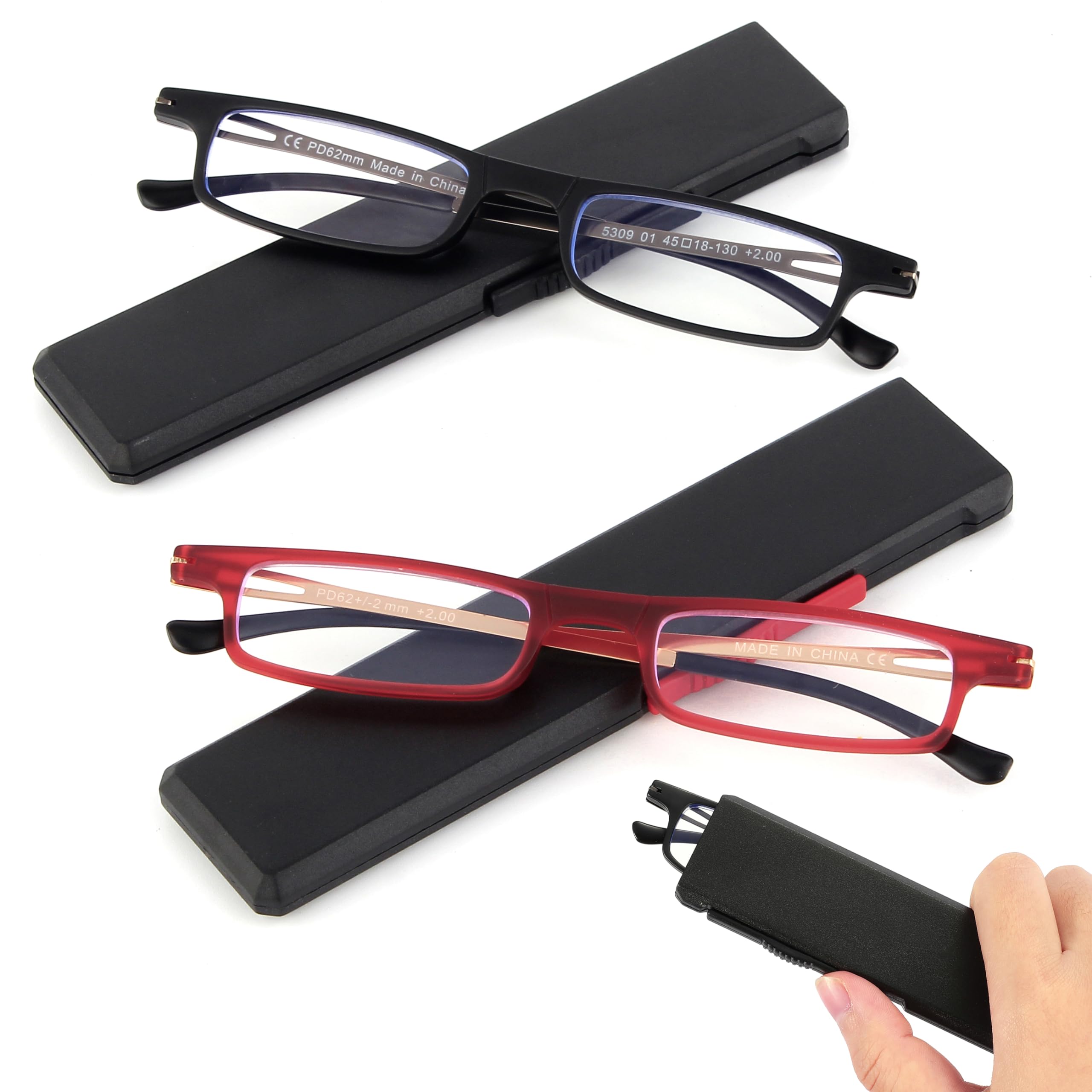 Touk Occhiali da lettura pieghevoli, anti-luce blu, protezione UV, ultra sottili, TR90 con custodia portatile compatta, per uomini e donne, 2 pezzi
