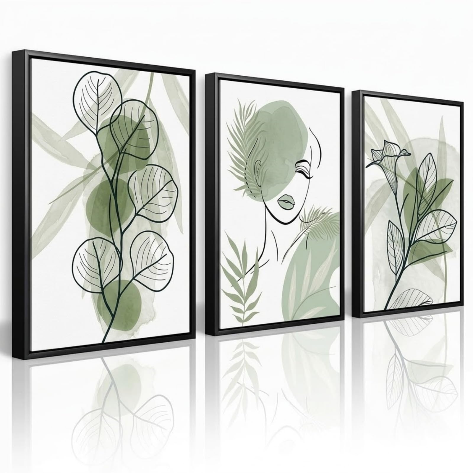 JORCEDI Abstract Green Leaves Canvas Wall Art Set of 3, Botanical Posters Modern Minimalist Wall Decor for Living Room Bedroom, 21x30-50x70cm, Unframed (21x30cm)