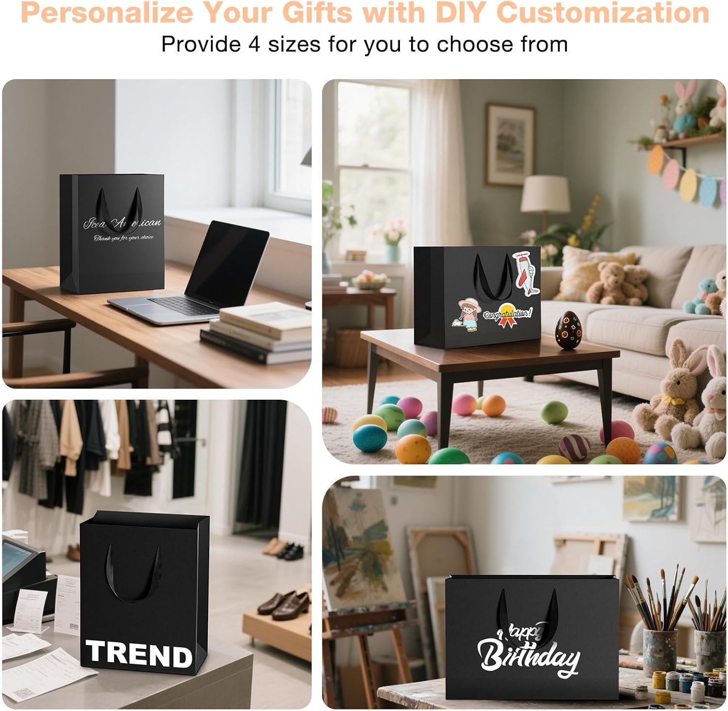 Acina Large Black Gift Bags: 12.5x4.5x11 Inch 6pcs Paper Bags With Handles Bulk For Party Shopping Birthday Wedding (L-6) - Image 3