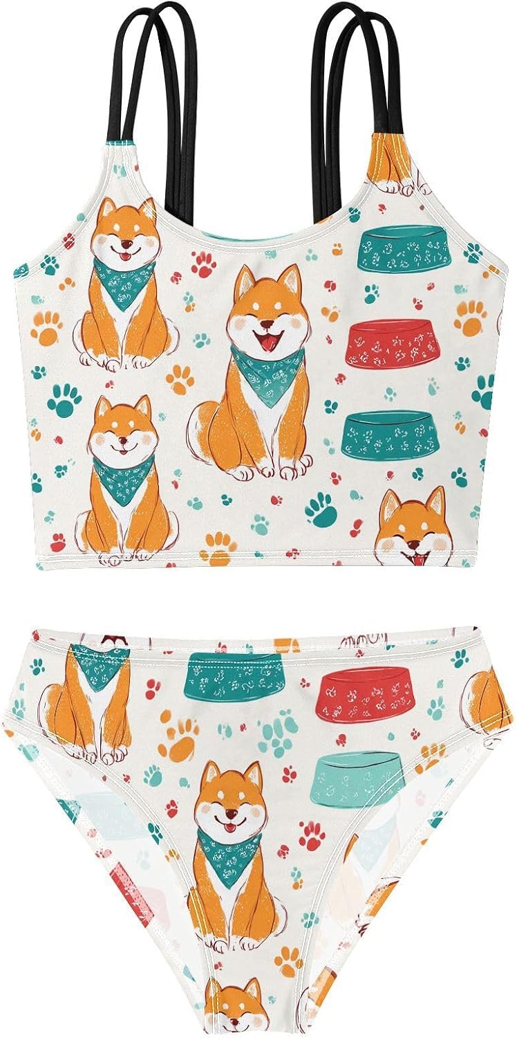 visesunny Girls Two Piece Swimsuits Cute Shiba Inu Pattern Girl's Bikini Sets Bathing Suits for Girls Size 5-12Y