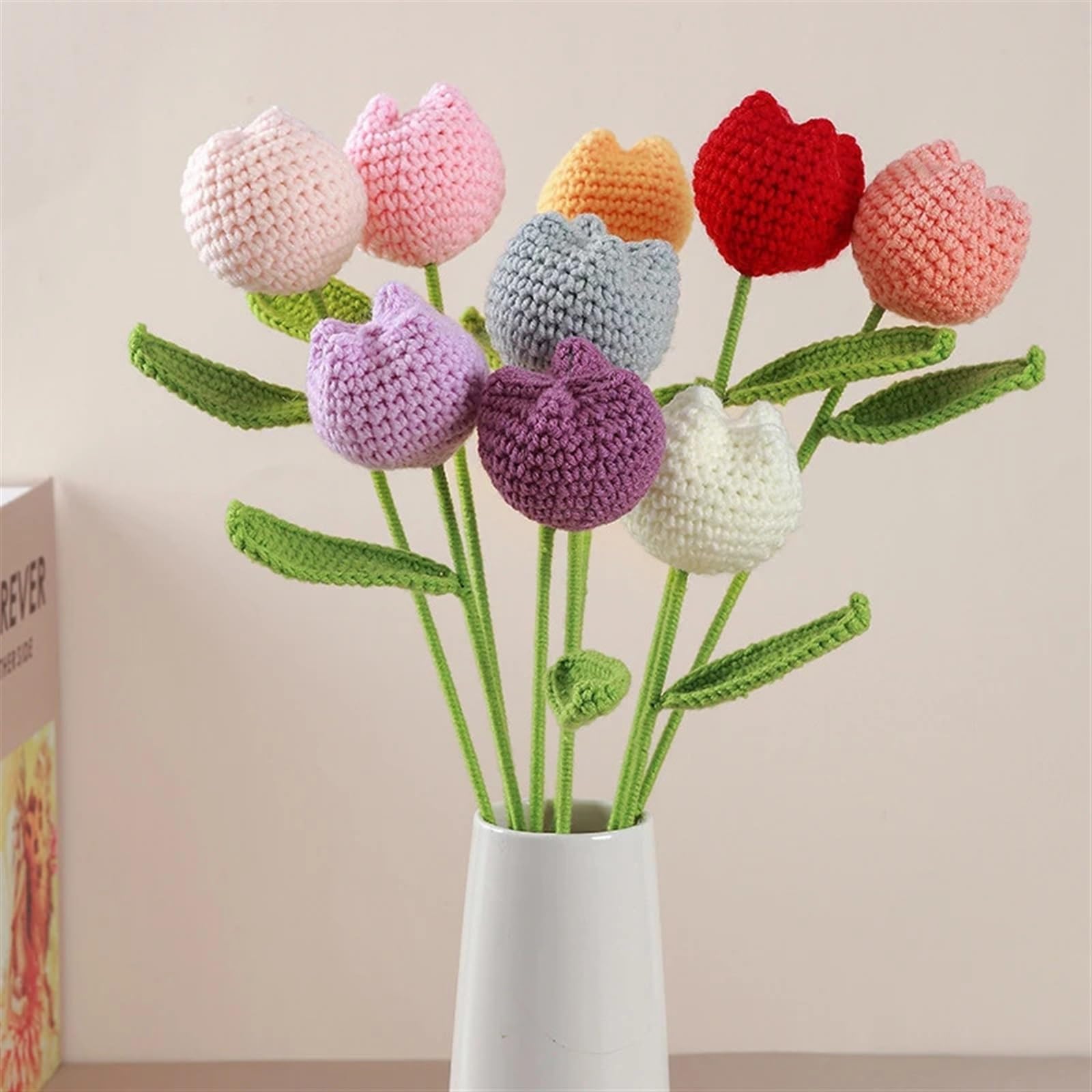 Sztuczne kompozycje kwiatowe, Wełna szydełkowa ręcznie robiona tulipan sztuczny bukiet kwiatów akcesoria do dekoracji stołu w jadalni wystrój pokoju(6pcs Blue)