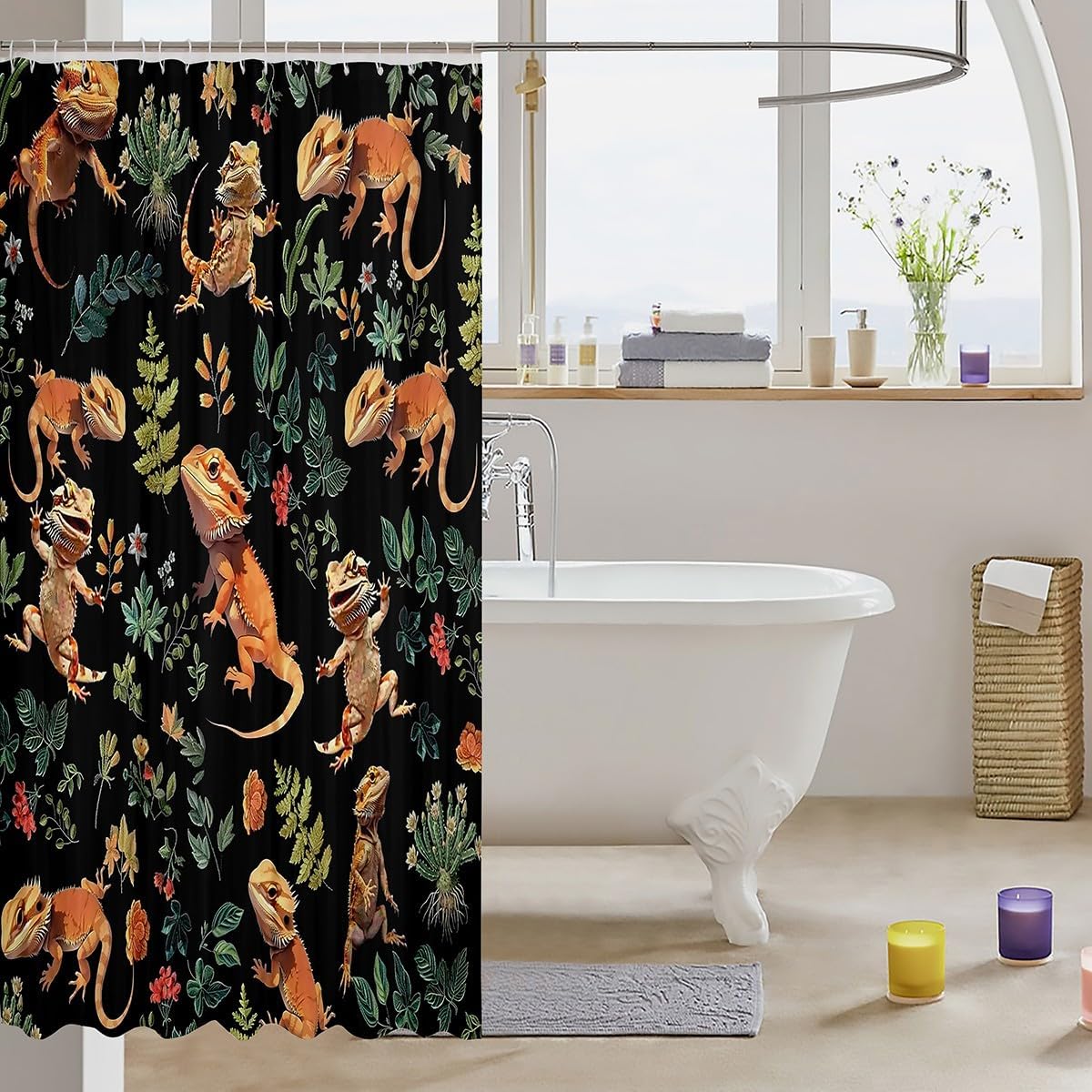 Manfei Bearded Dragon Kids Shower Curtains,Cartoon Lizard Reptile Animals Bathroom Curtain for Girls Boys,Flowers Leaves Botanical Western Unique Waterproof Curtains,12 Hooks Suits,72" W x 78" L