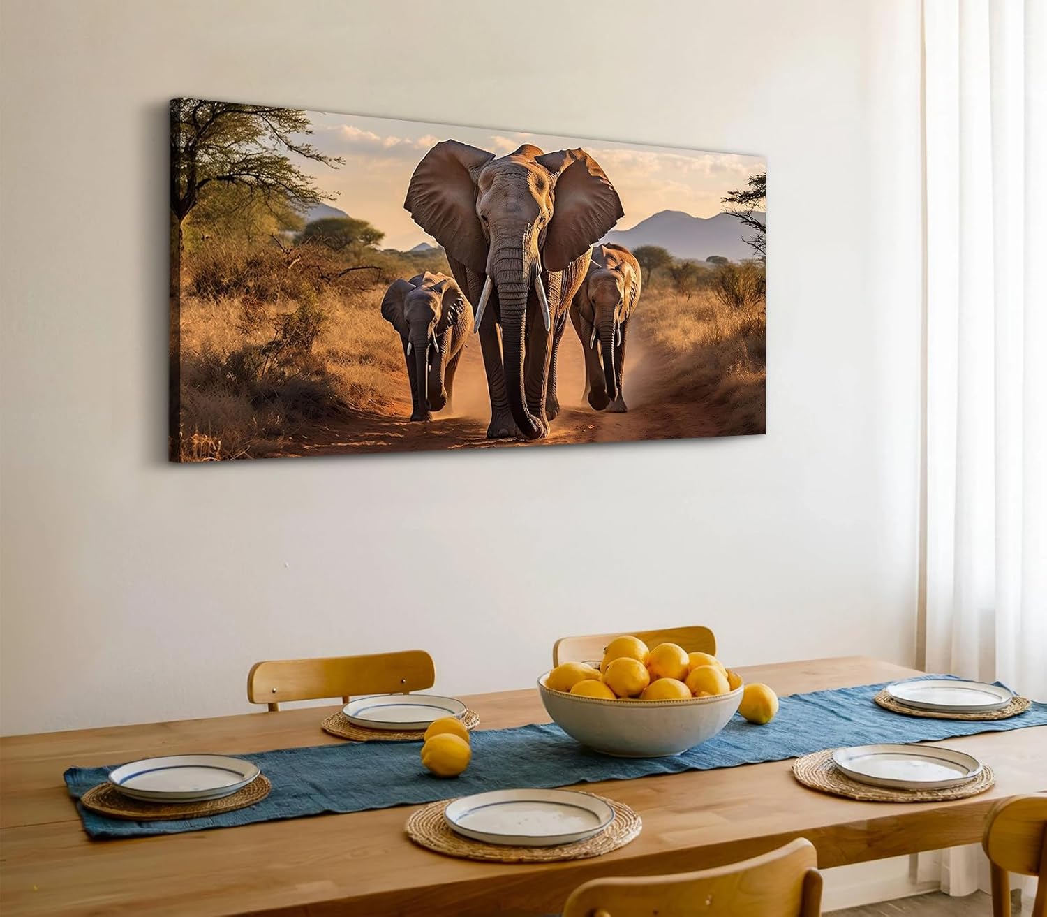 Savanna Wildlife Canvas Prints Wall Art Elephant Family 58"x28", African Safari Majestic Herd Artwork Earthy Tones Prints Nature Scene Pictures Framed Wall Decor for Living Room Office Home
