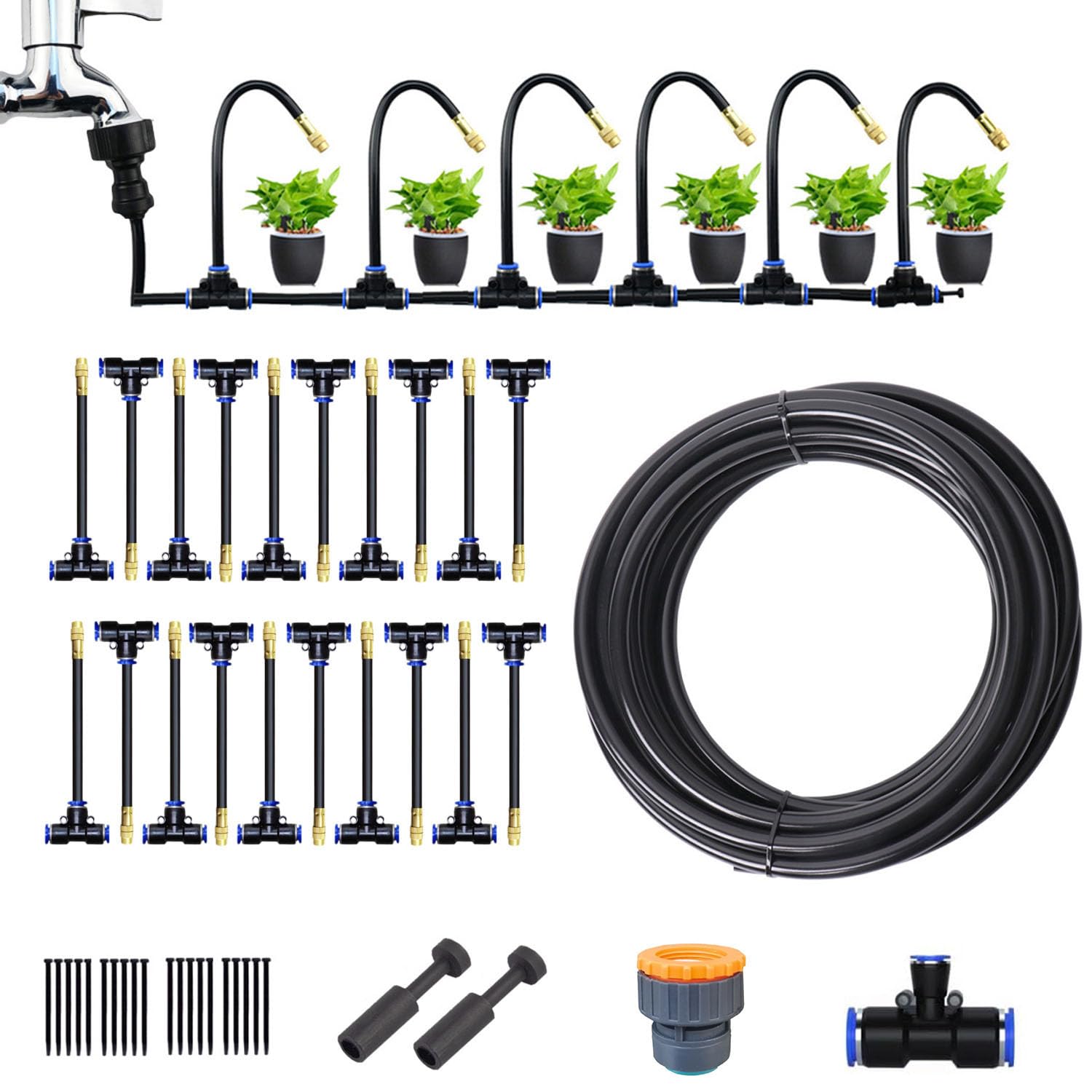 ZycBernoi 75FT Garden Irrigation System Kit, Greenhouse Watering System Garden Watering System With 14 Tubing And Misting Nozzles Quick Connector Design Automatic Irrigation System